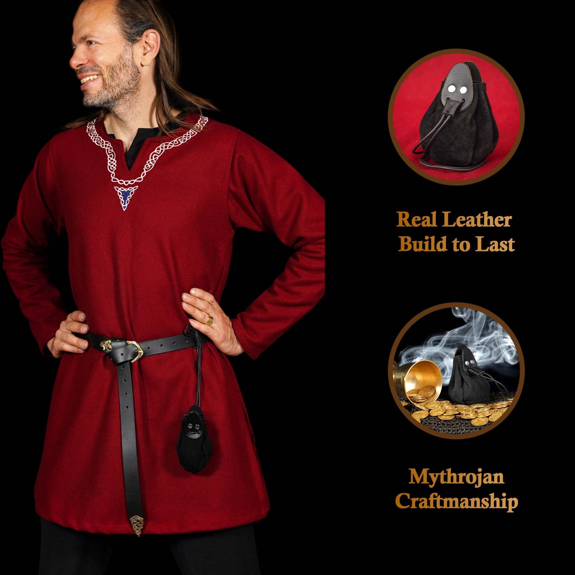 Imagen única de: Mythrojan "gold And Dice" Drawstring Pouch, Ideal For Sca Larp Reenactment & Ren Fair - Suede Leather Pouch, Black, 4