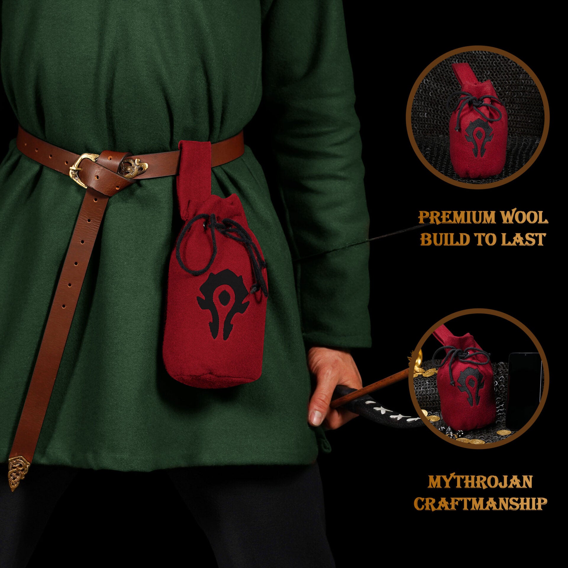 Imagen única de: Mythrojan "for The Horde" Bolsa de Lana con Cordón para Cinturón: Accesorio para Disfraces Monedero , Granate , 8" × 6.5"