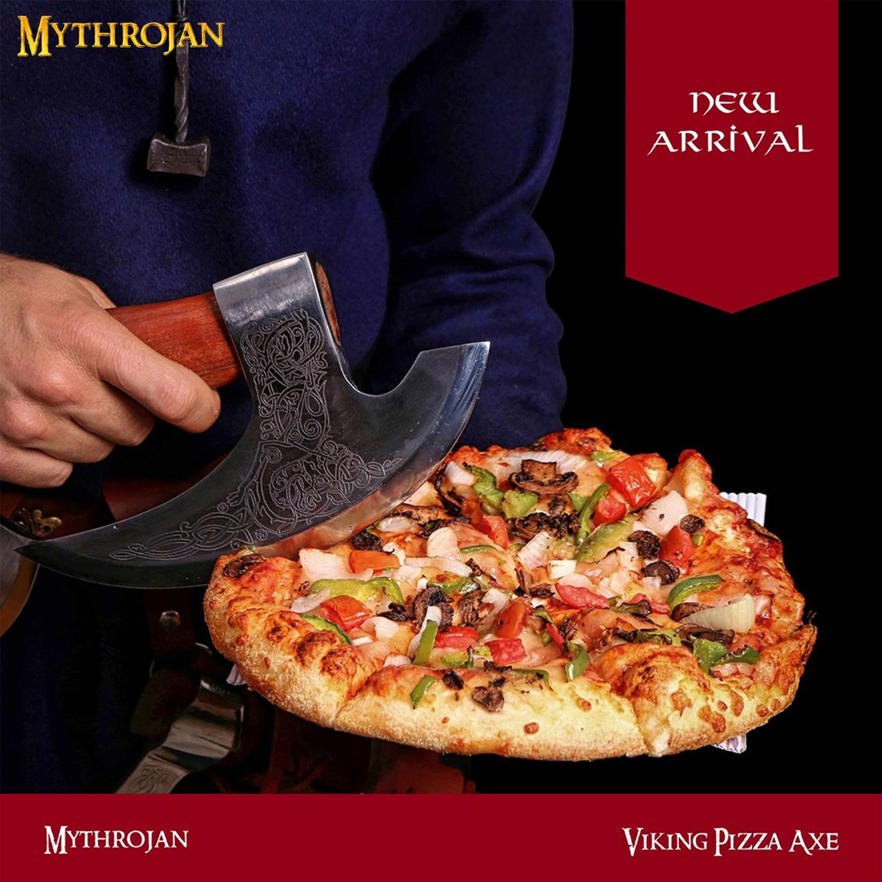 Imagen única de: Mythrojan Hacha Vikinga para Pizza - Cortador de Pizza de Acero Inoxidable Forjado a Mano con Mango de Acacia Maciza y Funda de Cuero - Grabado Celta - Caja de Regalo