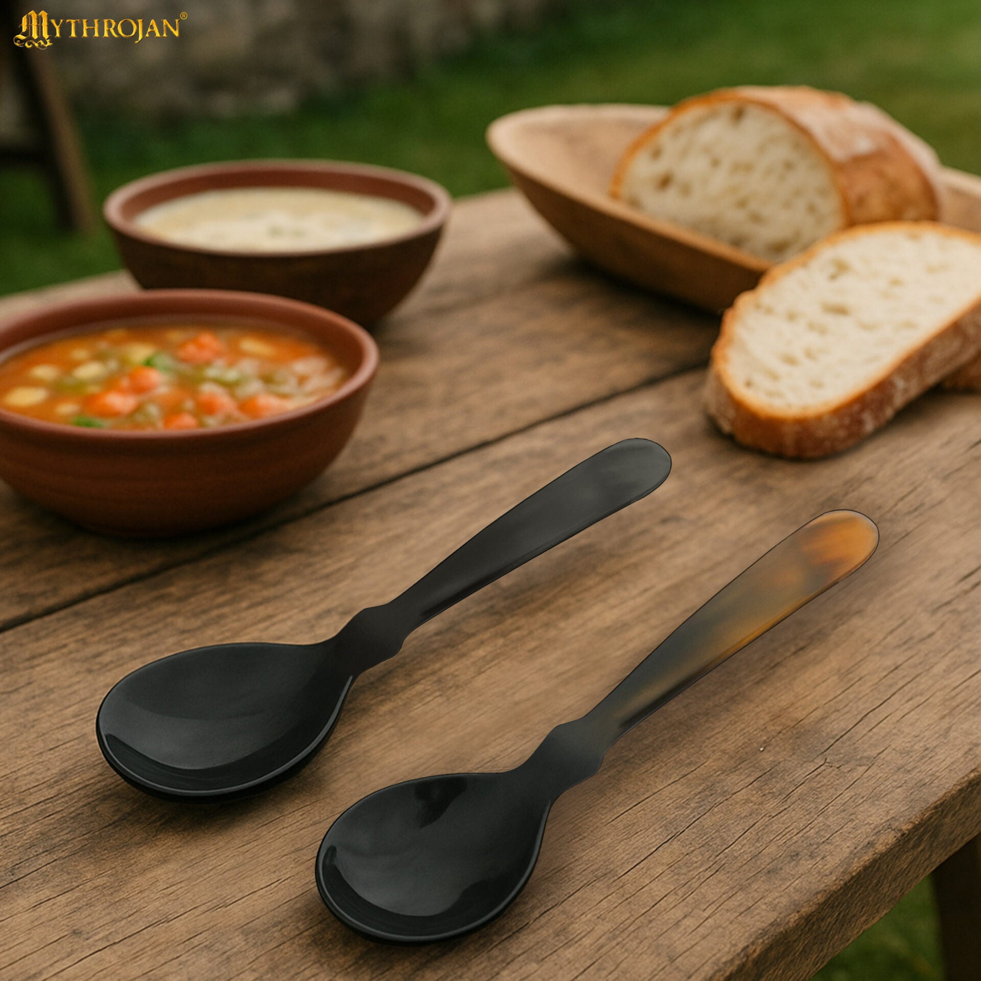 Imagen única de: Juego de 2 Cucharas de Cuerno de Búfalo - Utensilios de Cuerno Natural Acabados a Mano (6.75") | Juego de Cucharas Medievales Vikingas Pulidas para Larp, Sca, y Temas Medievales