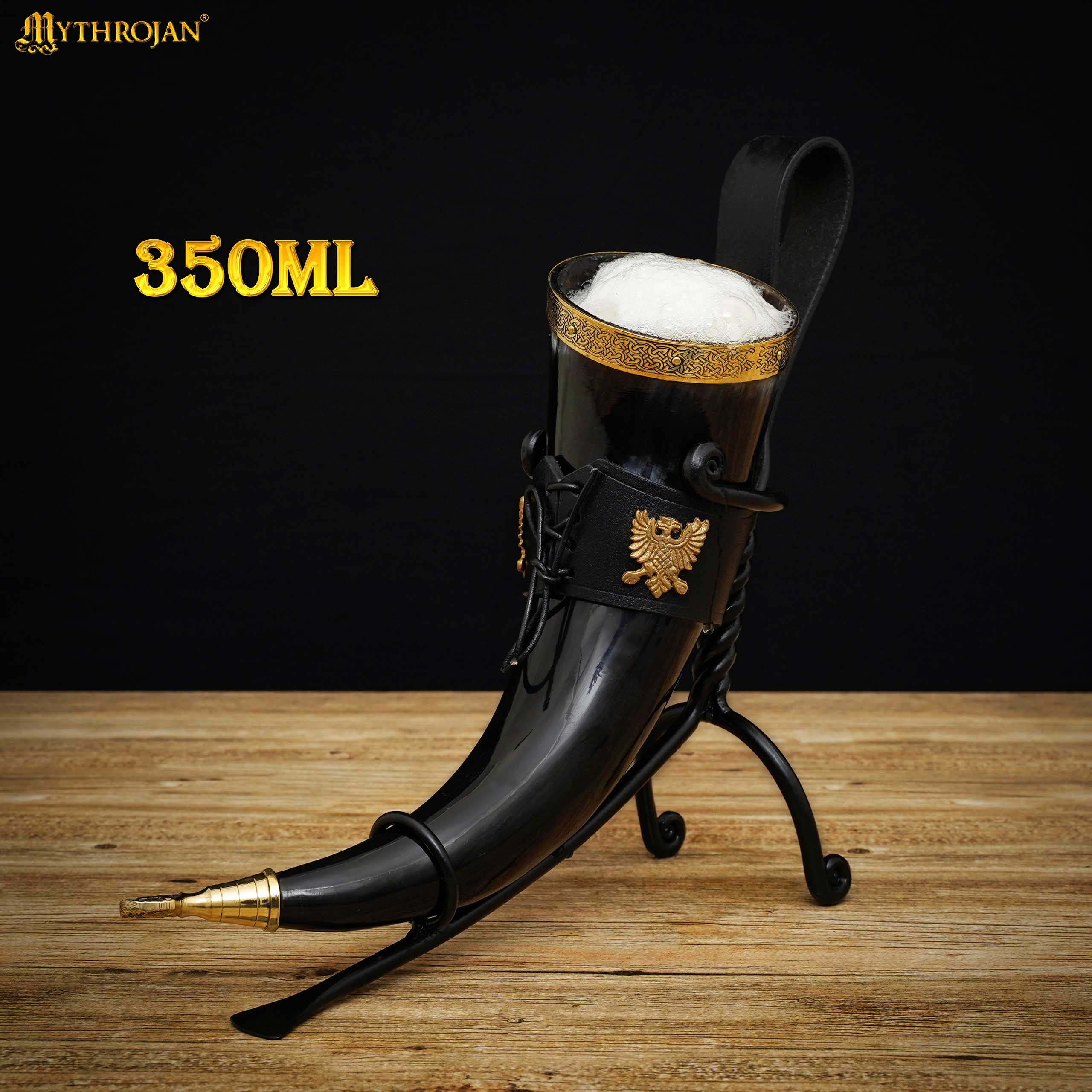 Imagen única de: Mythrojan The Bird Of Prey Viking Drinking Horn 350 Ml con Soporte de Cuero Negro Auténtica Jarra de Vino/cerveza Vikinga de Inspiración Medieval - Acabado Pulido