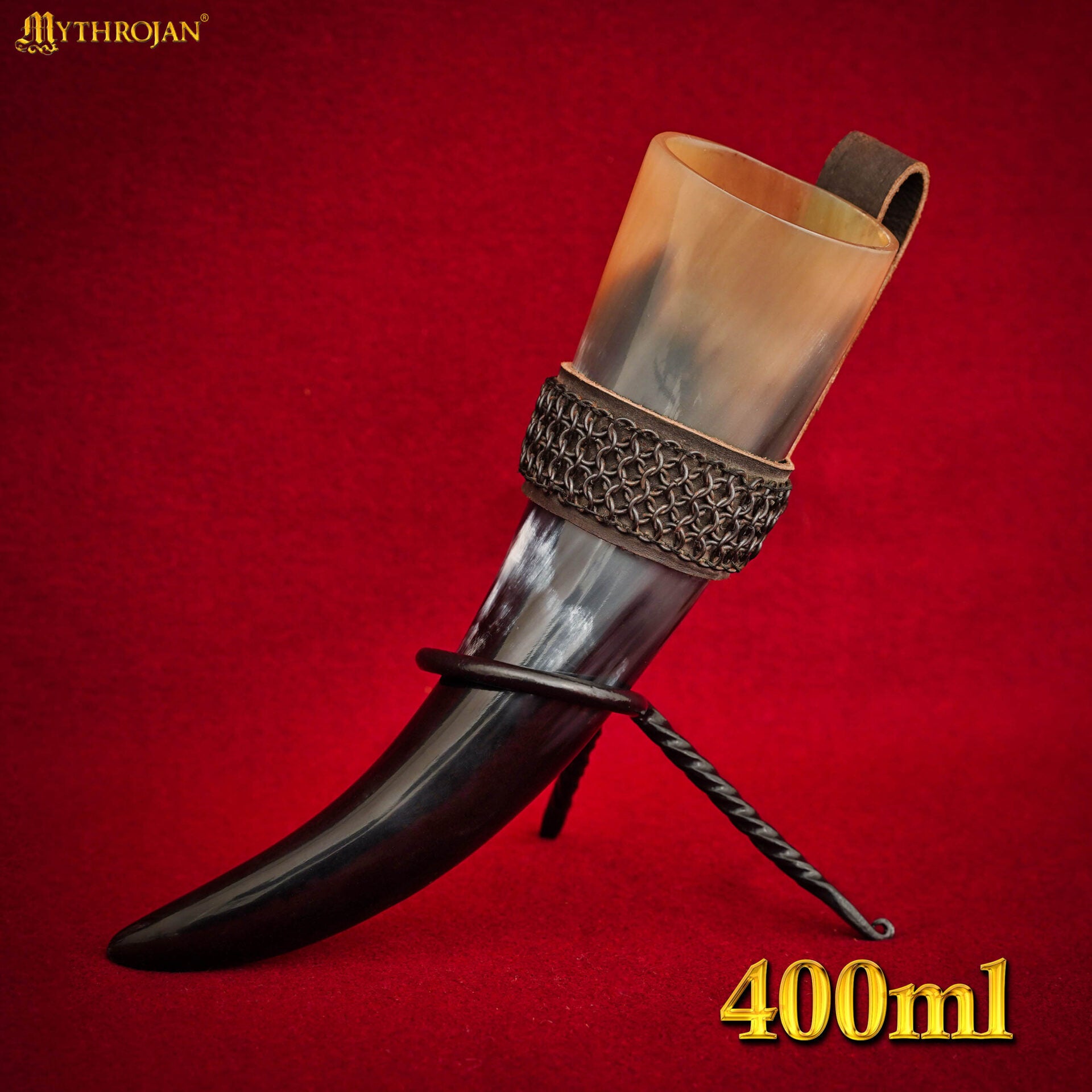 Imagen única de: Mythrojan The Witcher Companion Vikingo Cuerno para Beber con Soporte de Cuero Marrón Auténtica Taza de Vino/madera Vikinga de Inspiración Medieval - Acabado Pulido 400 Ml