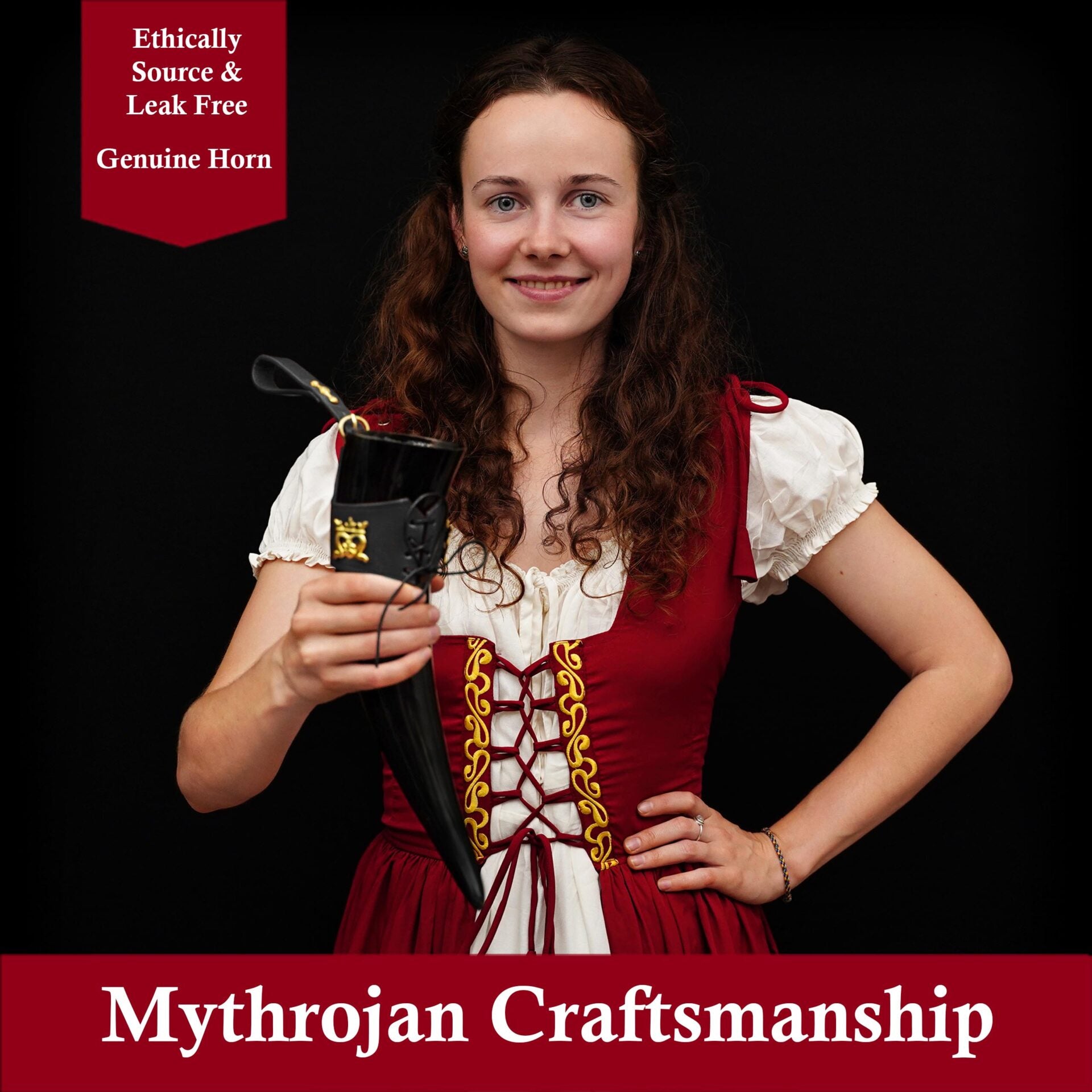 Imagen única de: Mythrojan The Elegant Lady Cuerno Vikingo para Beber con Soporte de Cuero Negro Auténtica Taza Vikinga Inspirada en la Edad Media - Acabado Pulido