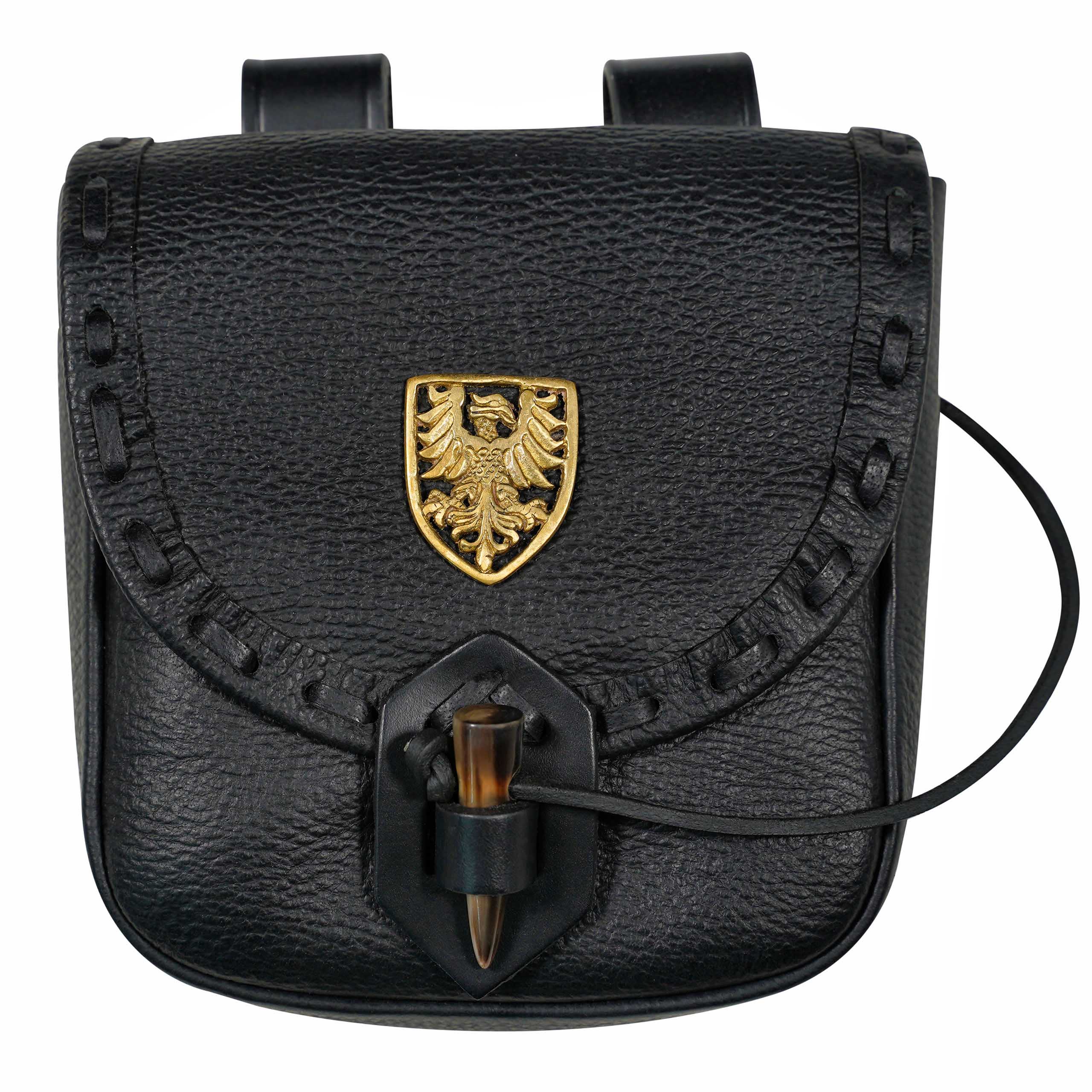 Riñonera Medieval de Cuero Hecha a Mano con Pasador de Cuerno de Buey y Decoración Heráldica de Latón - Funda de Cuero Auténtico - Imagen 9