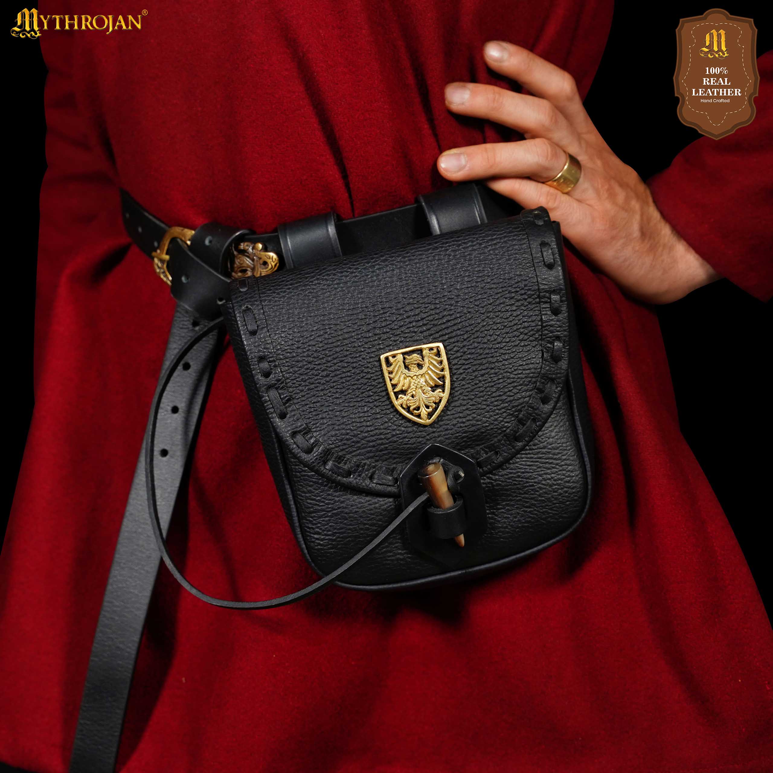 Riñonera Medieval de Cuero Hecha a Mano con Pasador de Cuerno de Buey y Decoración Heráldica de Latón - Funda de Cuero Auténtico - Imagen 12