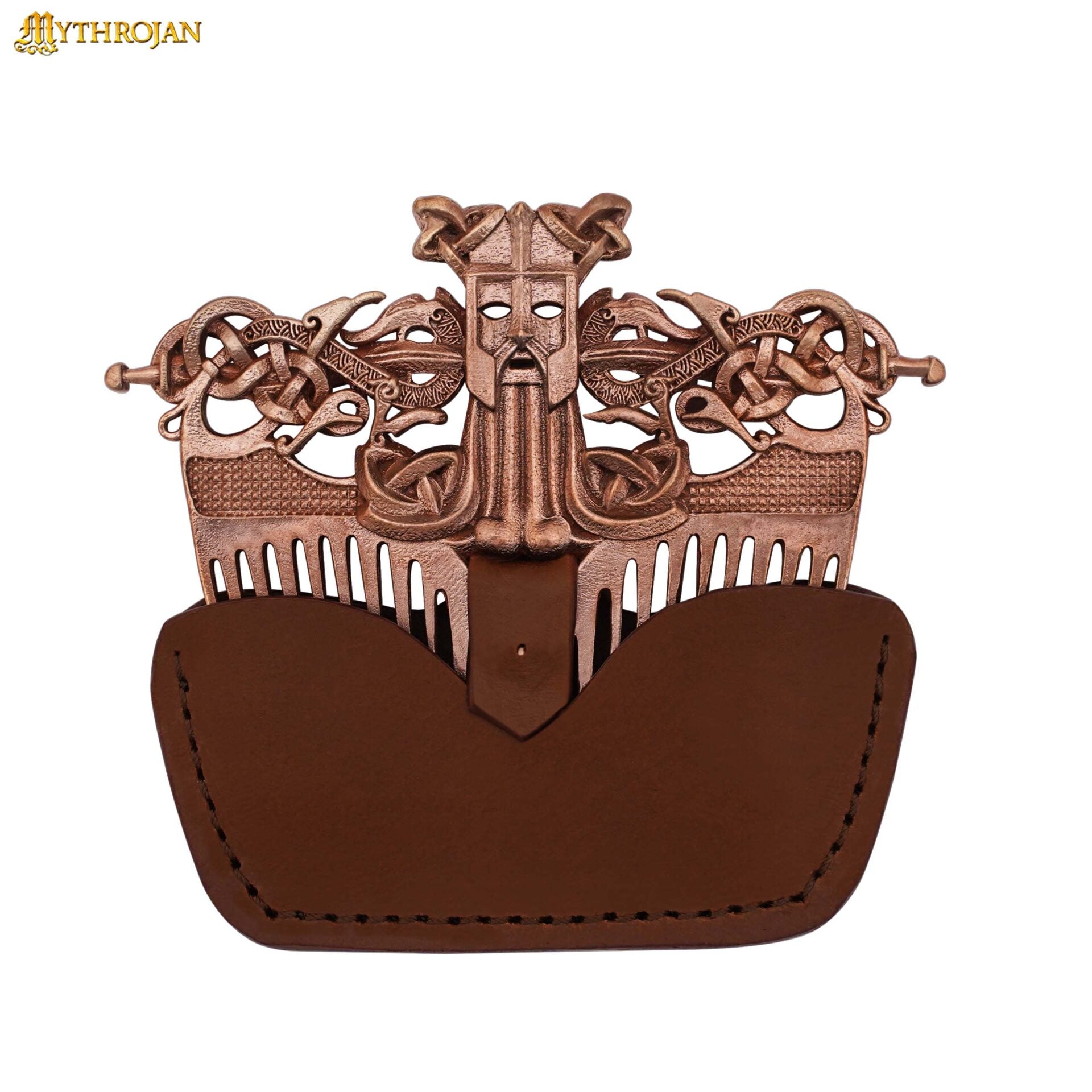Imagen única de: Peine Nórdico para Barba de Bronce Macizo con Funda de Cuero Auténtico