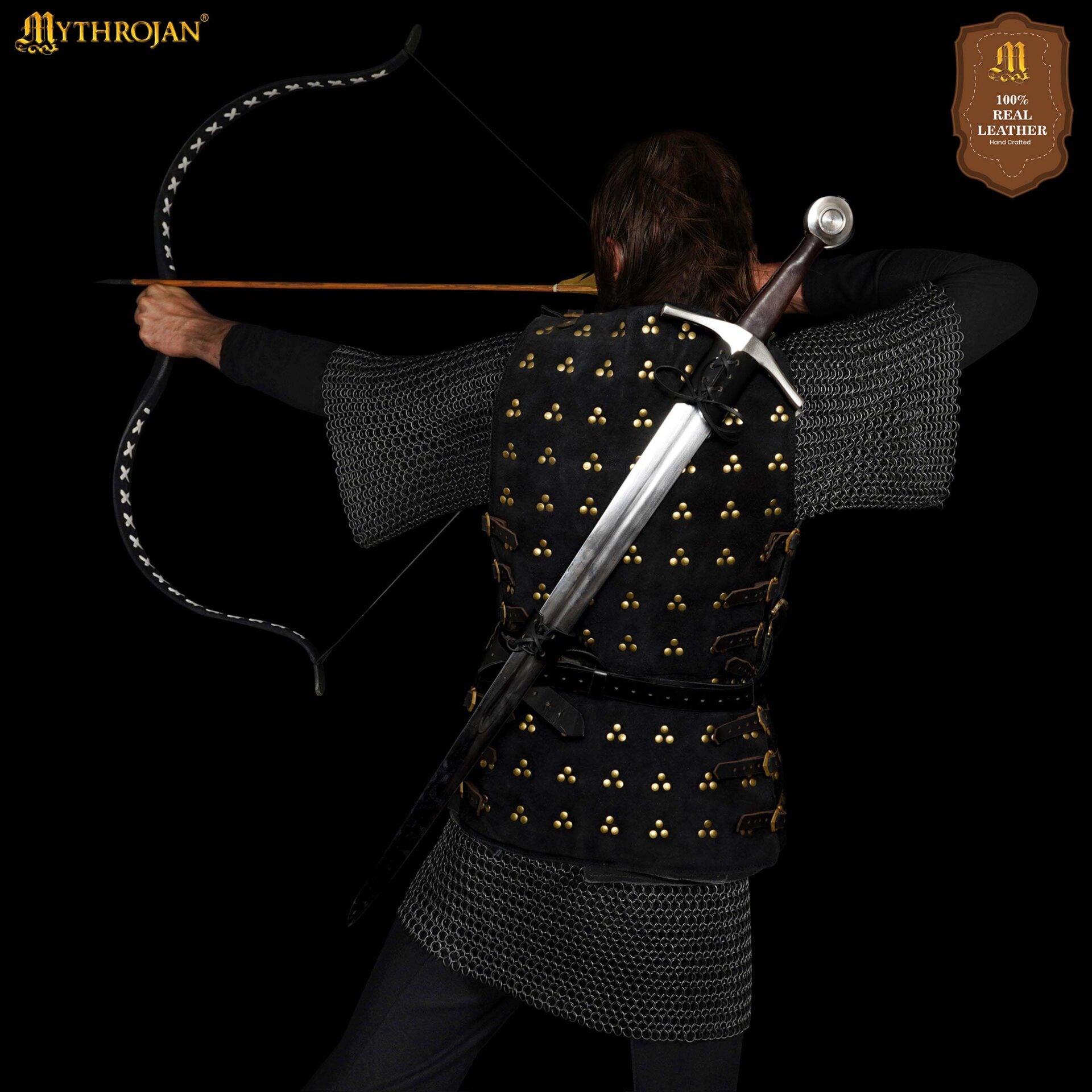 Imagen única de: Mythrojan Geralt Back Scabbard, Ideal para Larp Cosplay y Eventos Medievales Cuero de Grano Completo Negro