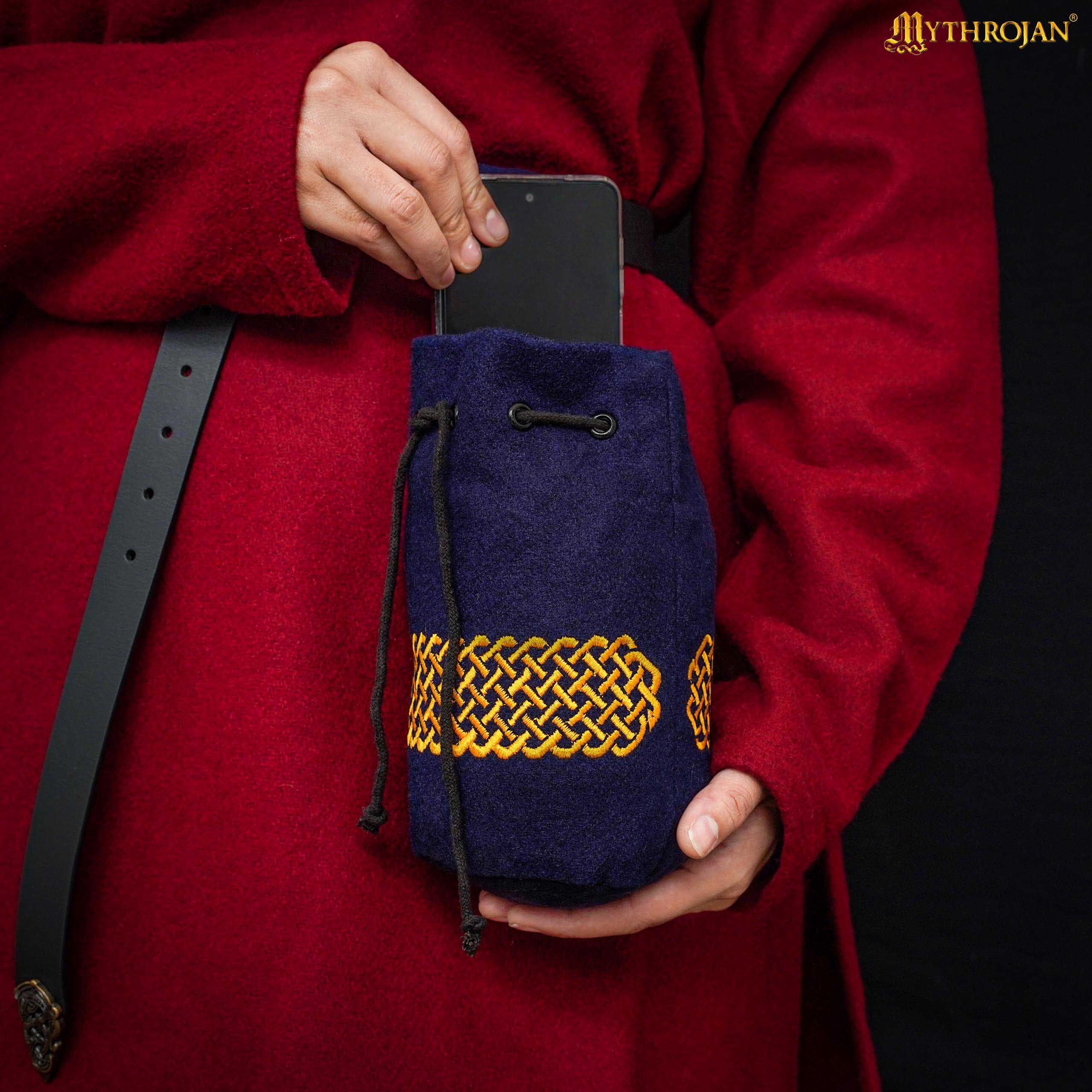 Imagen única de: Mythrojan Bolsa de Lana Bordada con Cordón para Cinturón: Medieval Vikingo Celta Bolsa Accesorios de Disfraces Monedero, 8" × 6.5