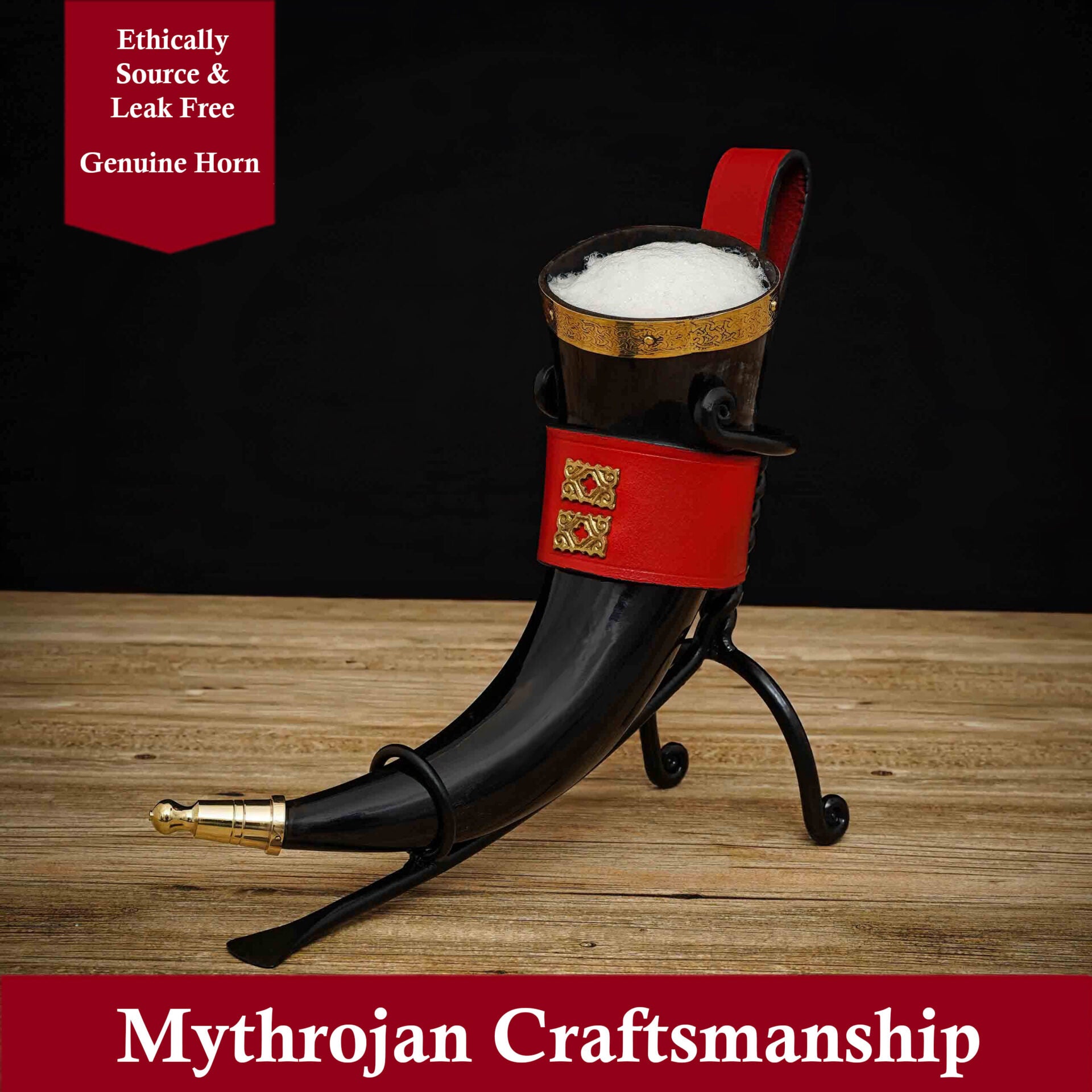 Imagen única de: Mythrojan The Wealthy Merchant - Viking Drinking Horn With Red Leather Holder Authentic Medieval Inspired Viking Wine/mead Mug - Polished Finish - 350 Ml
