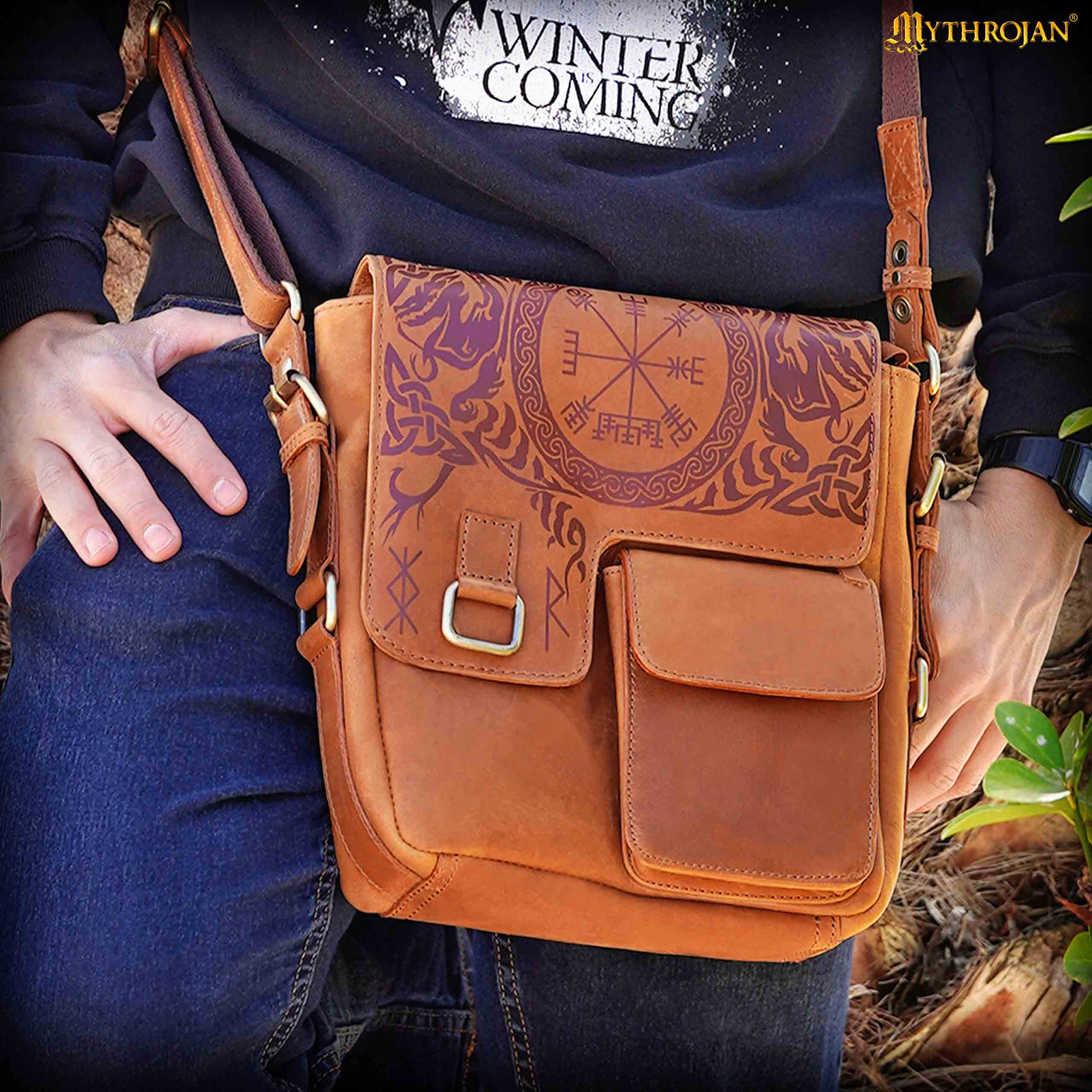 Runa Nórdica de Cuero Messenger Satchel Bag - Viking Rune Cross Body Bag - Imagen 9