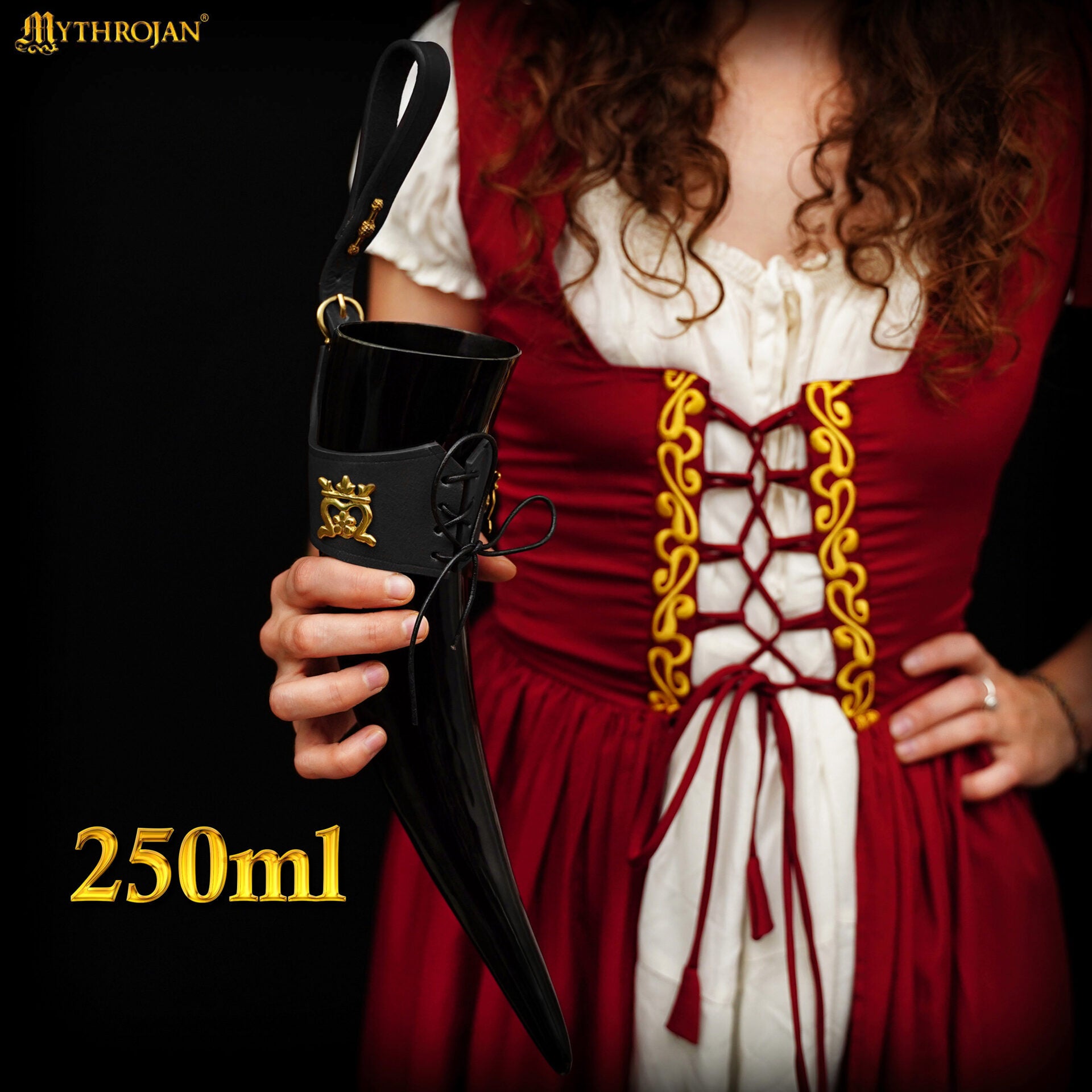 Imagen única de: Mythrojan The Elegant Lady Cuerno Vikingo para Beber con Soporte de Cuero Negro Auténtica Taza Vikinga Inspirada en la Edad Media - Acabado Pulido