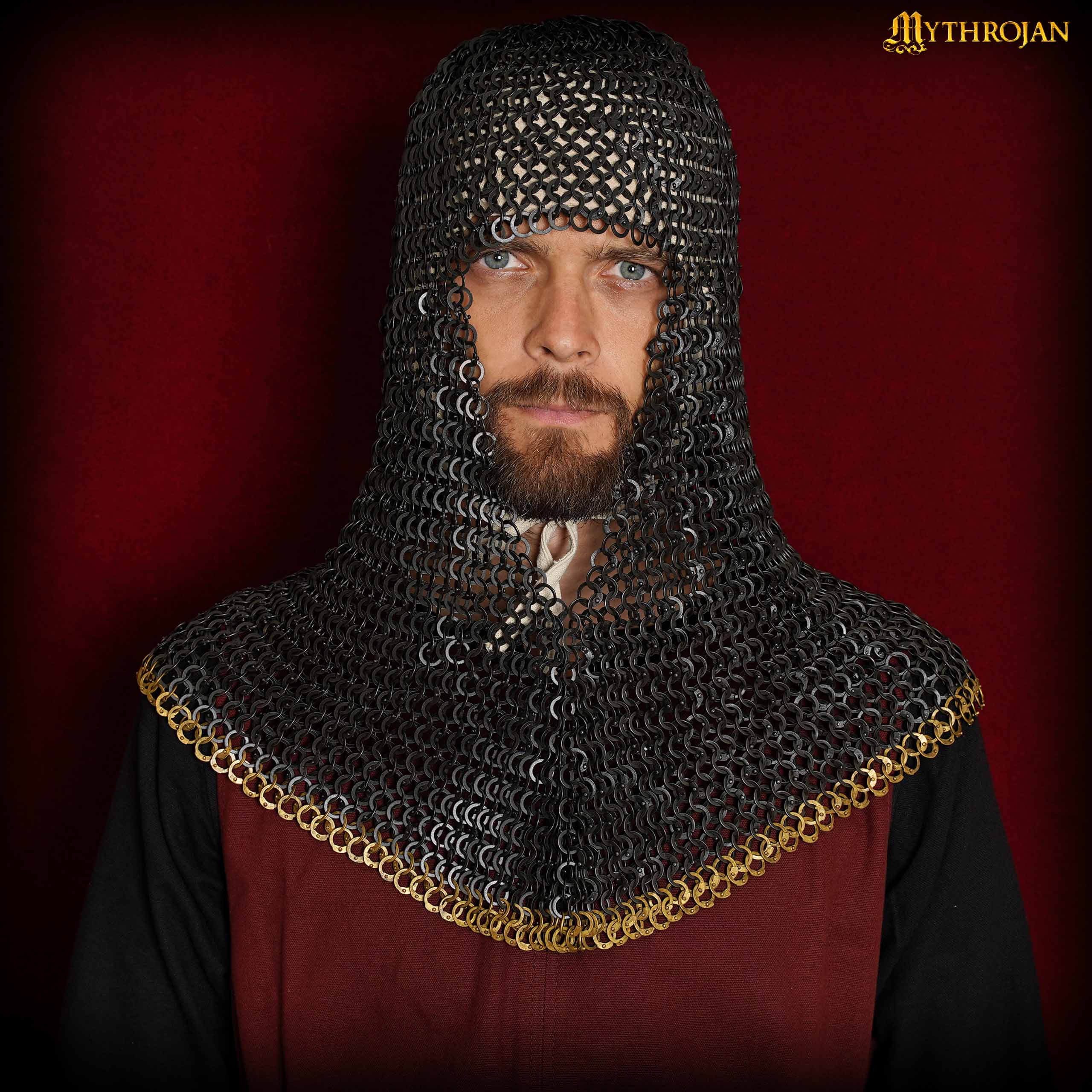 Imagen única de: Cofia de Cota de Malla - Anillo Plano Redondo Remachado con Bordes de Latón - Ideal para Larp, Cosplay y Disfraces de Cine