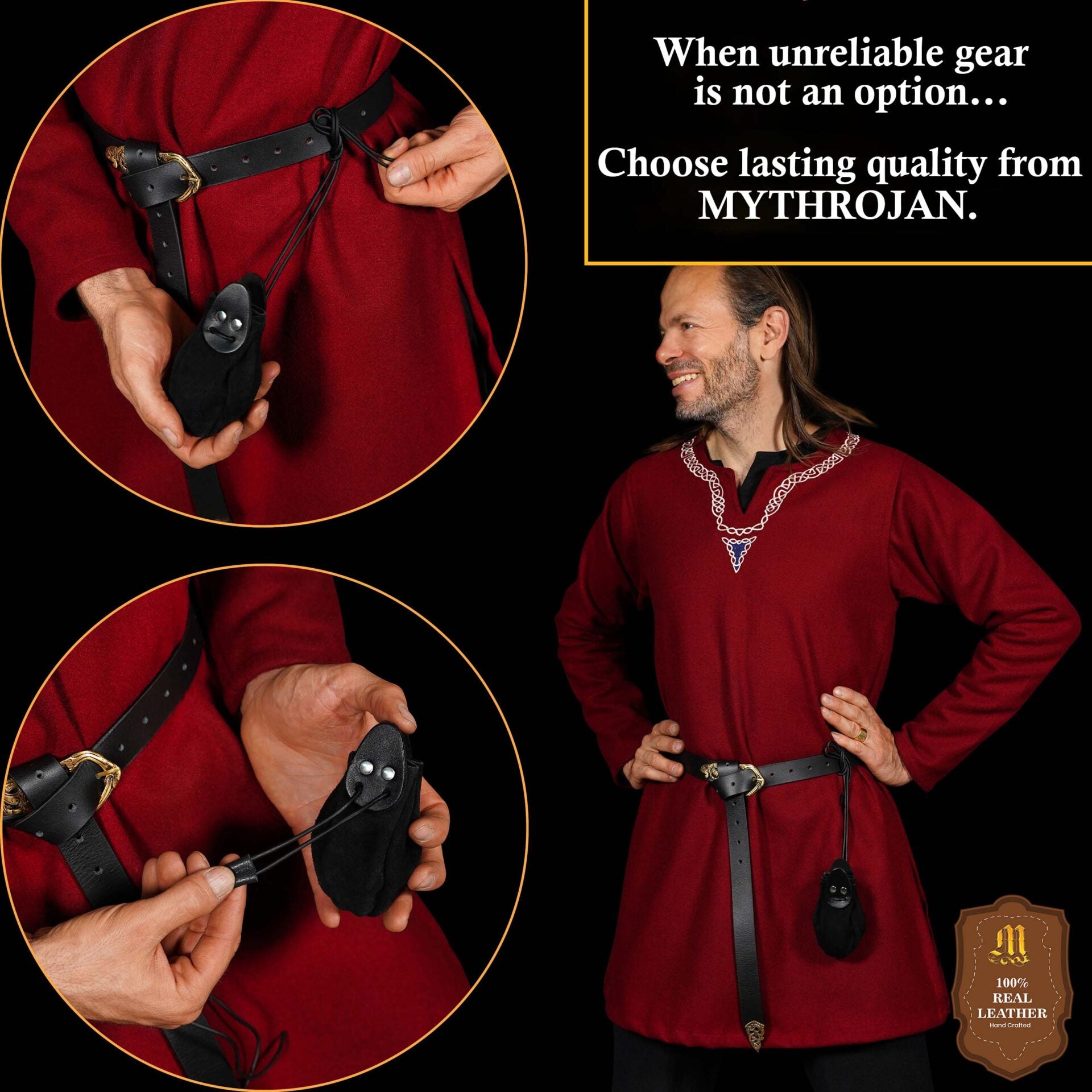 Imagen única de: Mythrojan "gold And Dice" Drawstring Pouch, Ideal For Sca Larp Reenactment & Ren Fair - Suede Leather Pouch, Black, 4