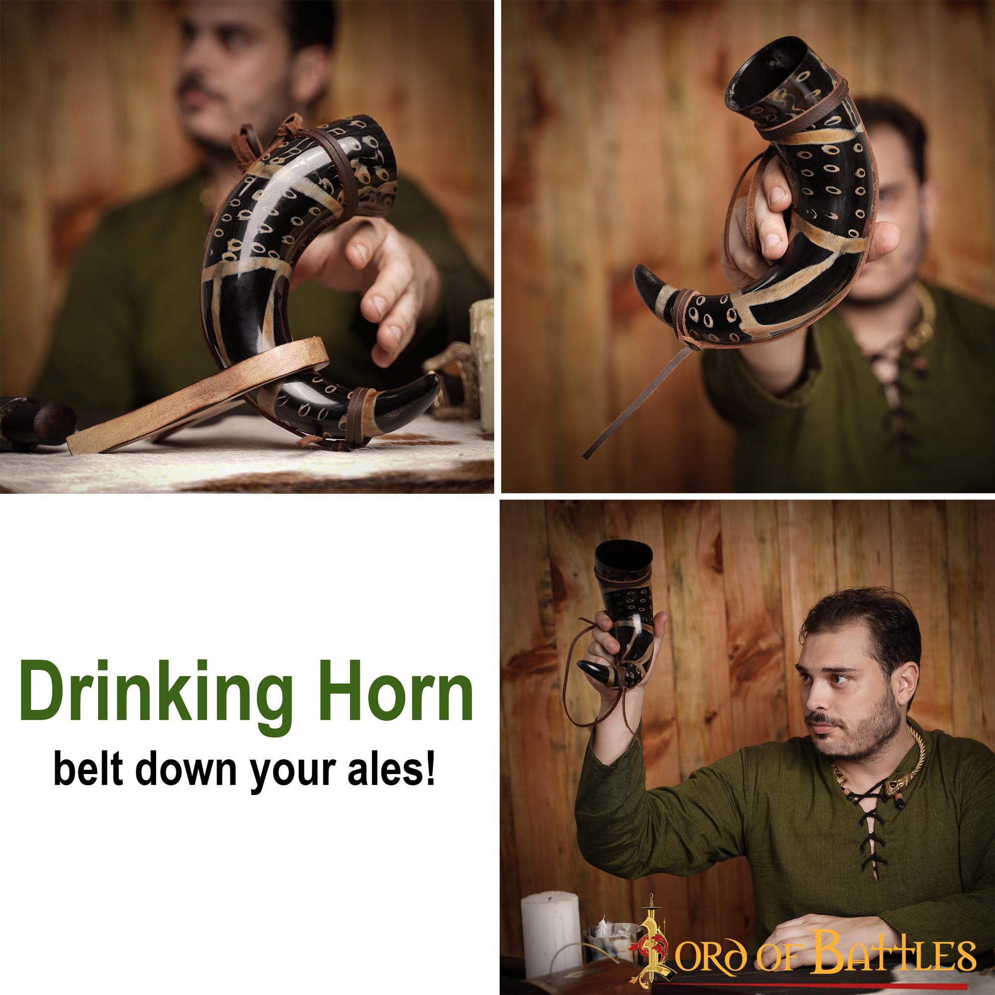 Imagen única de: Cuerno Medieval para Beber 400 - 500 Ml con Cuerda de Cuero Hecho a Mano Verdadero Cuerno de Buey