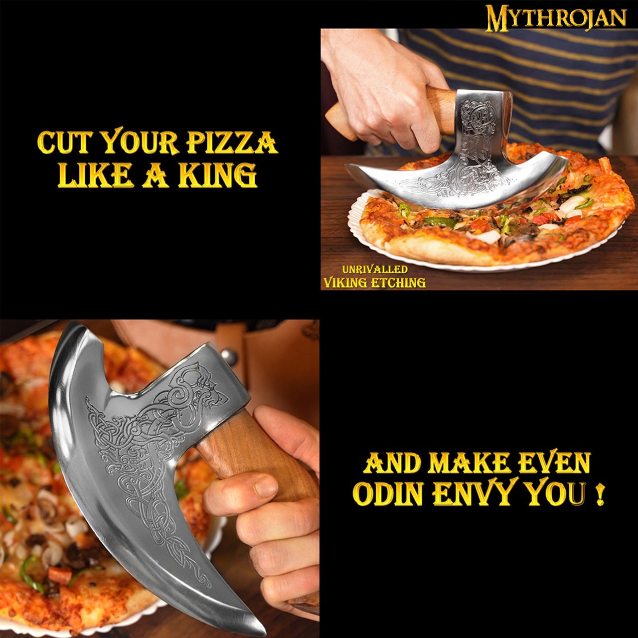 Imagen única de: Mythrojan Hacha Vikinga para Pizza - Cortador de Pizza de Acero Inoxidable Forjado a Mano con Mango de Acacia Maciza y Funda de Cuero - Grabado Celta - Caja de Regalo