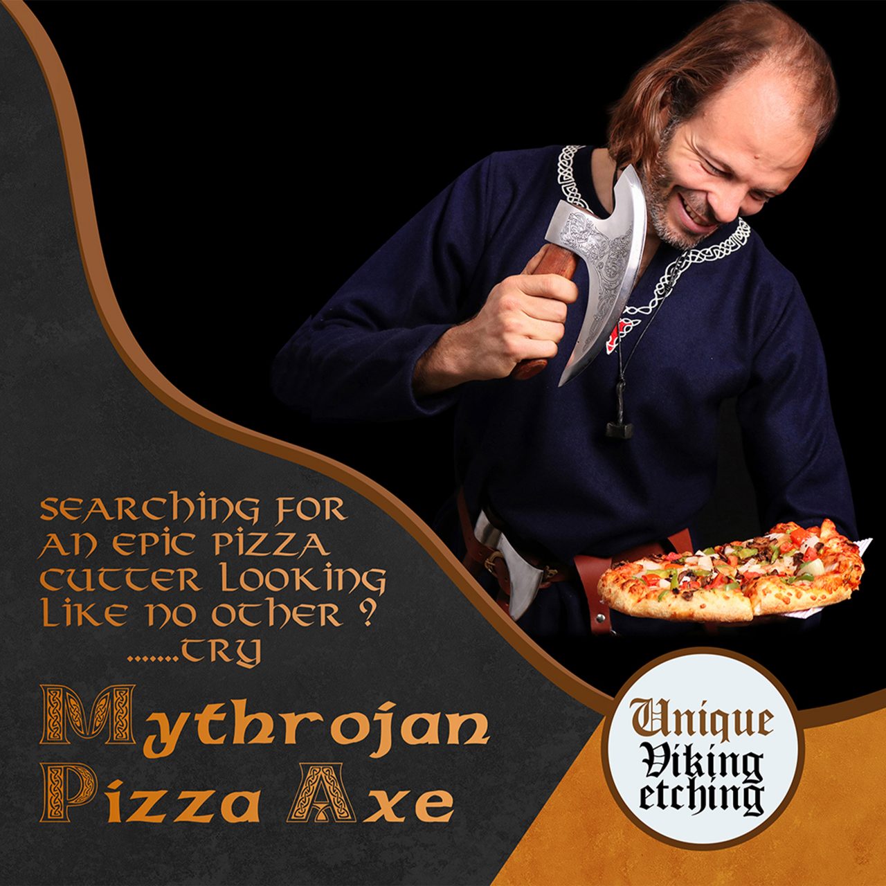 Imagen única de: Mythrojan Hacha Vikinga para Pizza - Cortador de Pizza de Acero Inoxidable Forjado a Mano con Mango de Acacia Maciza y Funda de Cuero - Grabado Celta - Caja de Regalo