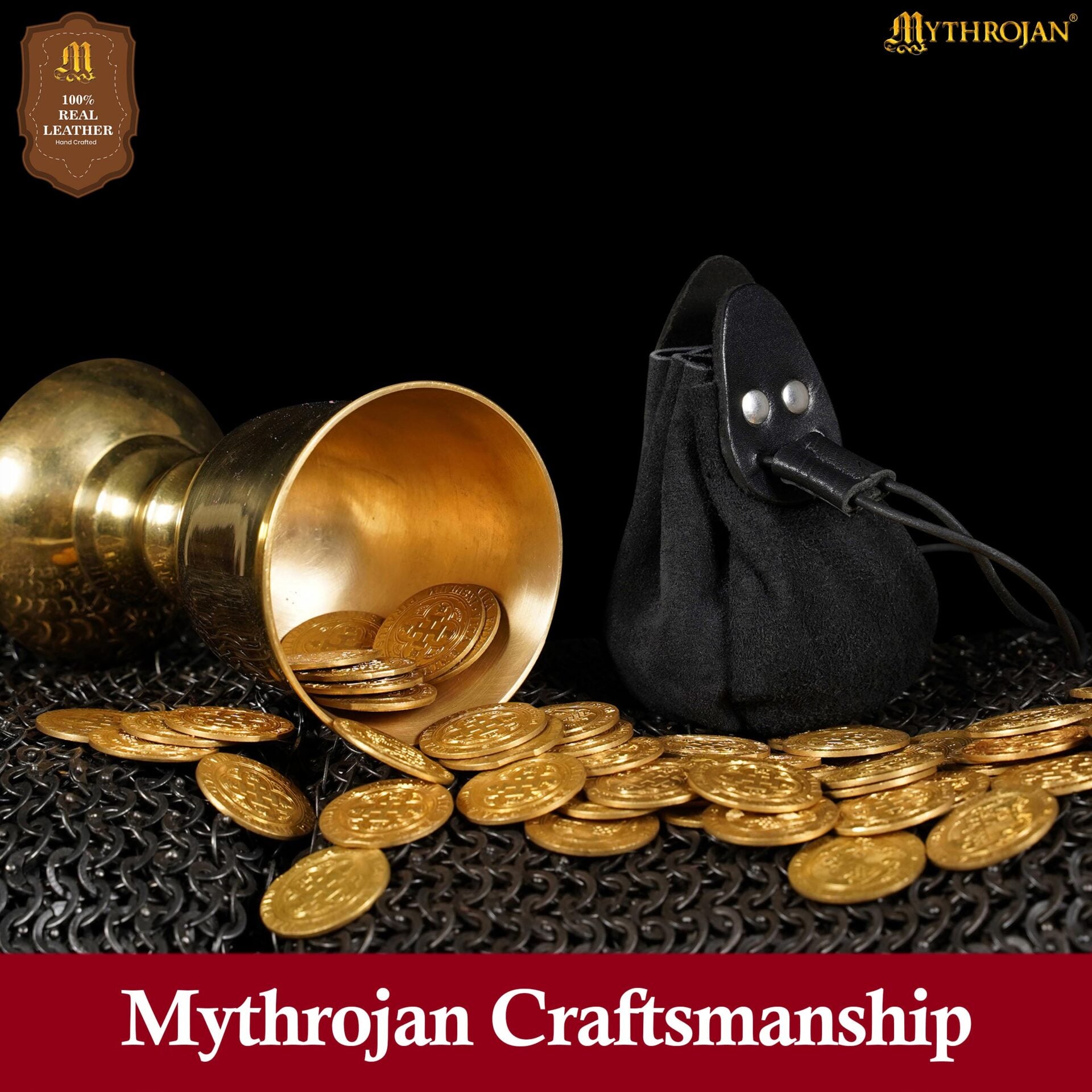 Imagen única de: Mythrojan "gold And Dice" Drawstring Pouch, Ideal For Sca Larp Reenactment & Ren Fair - Suede Leather Pouch, Black, 4