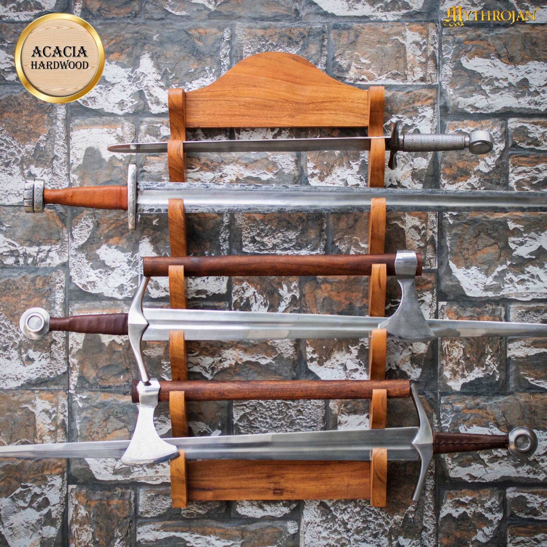 Imagen única de: Soporte de Madera para Espadas de Un Nivel | Estante de Madera Maciza con Acabado Natural | Exposición de Armas Medievales y Victorianas