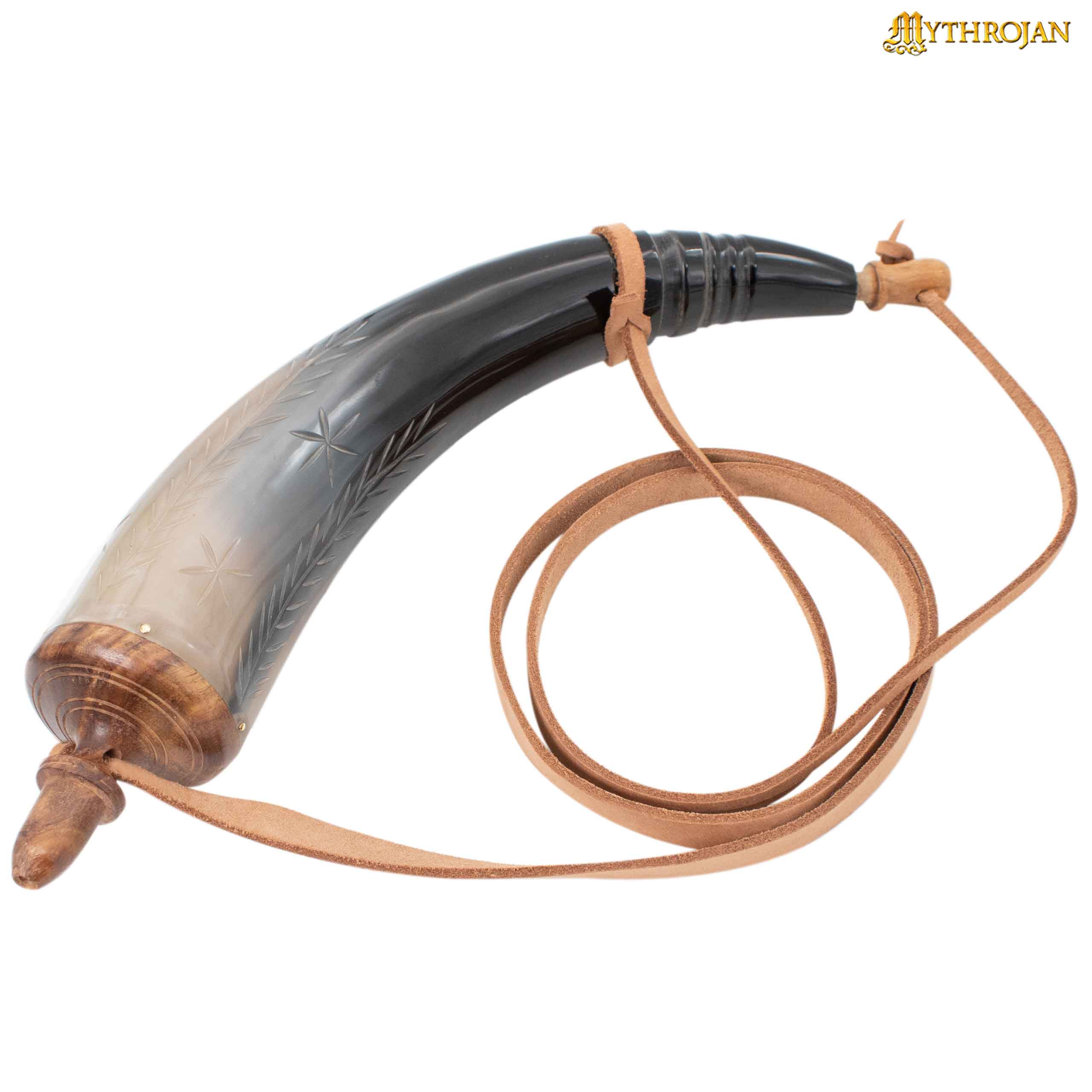 Imagen única de: Mythrojan Pólvora Tallada a Mano 14" Cuerno con Correa de Cuero Natural