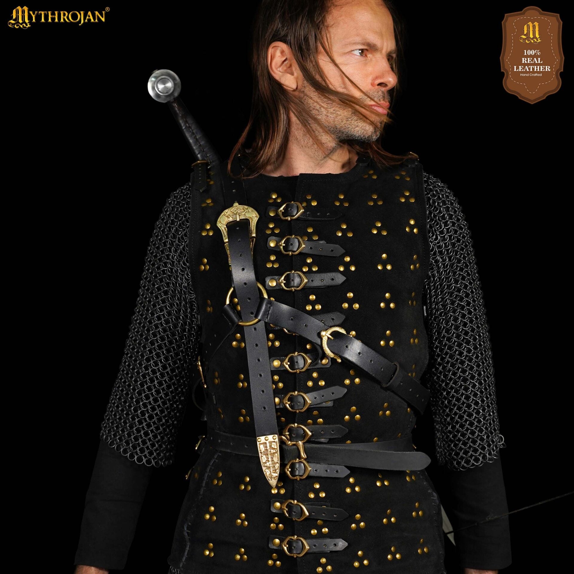 Imagen única de: Mythrojan Geralt Back Scabbard, Ideal para Larp Cosplay y Eventos Medievales Cuero de Grano Completo Negro