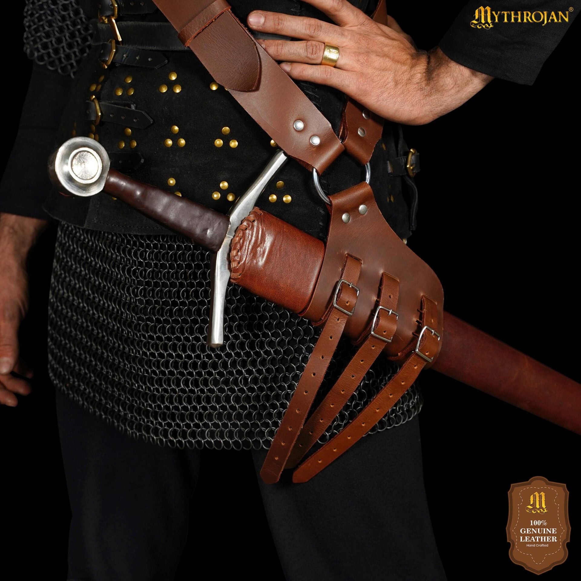 Imagen única de: Mythrojan Baldric Cinturón de Espada de Cuero Funda Daga Medieval - Mano Derecha Marrón