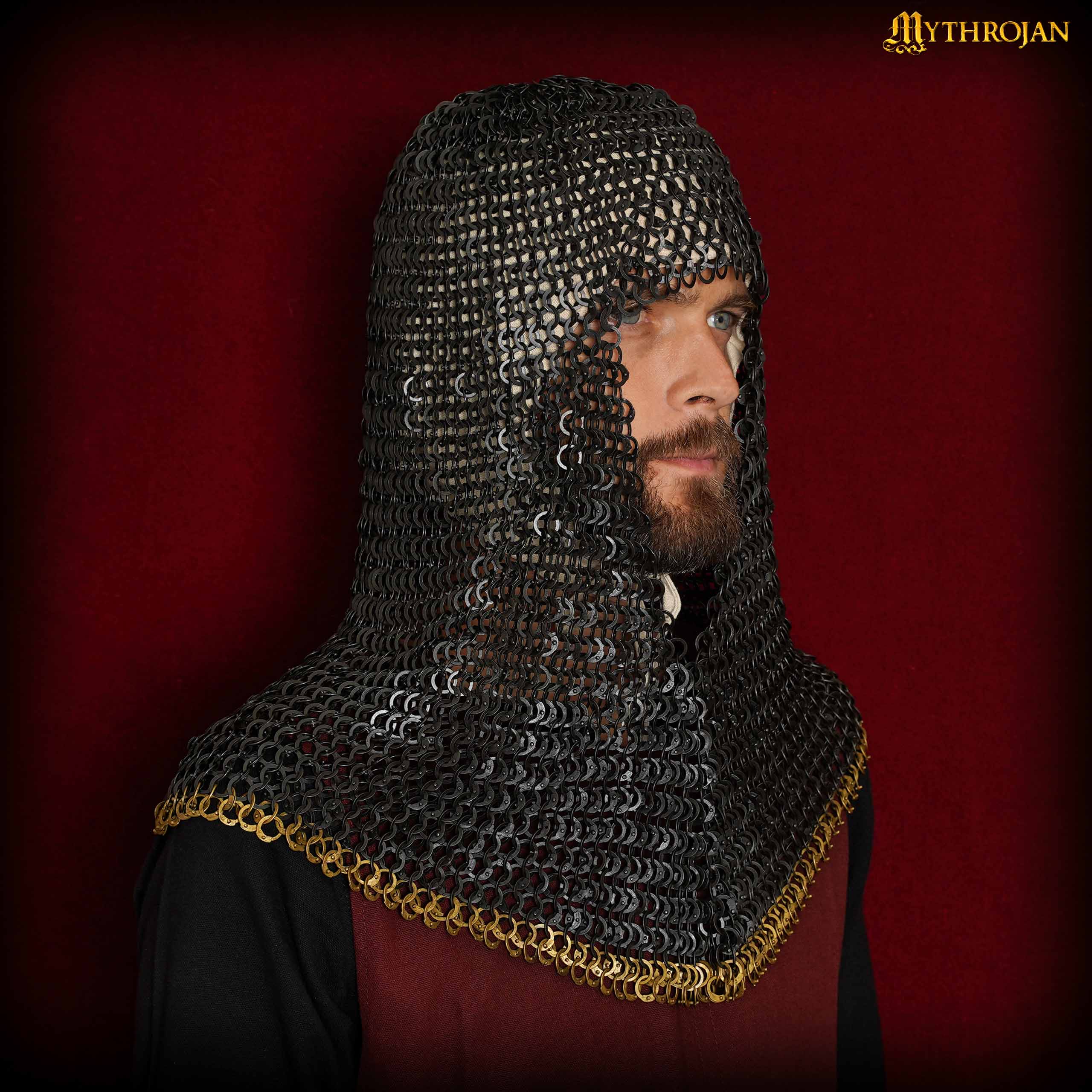 Imagen única de: Cofia de Cota de Malla - Anillo Plano Redondo Remachado con Bordes de Latón - Ideal para Larp, Cosplay y Disfraces de Cine