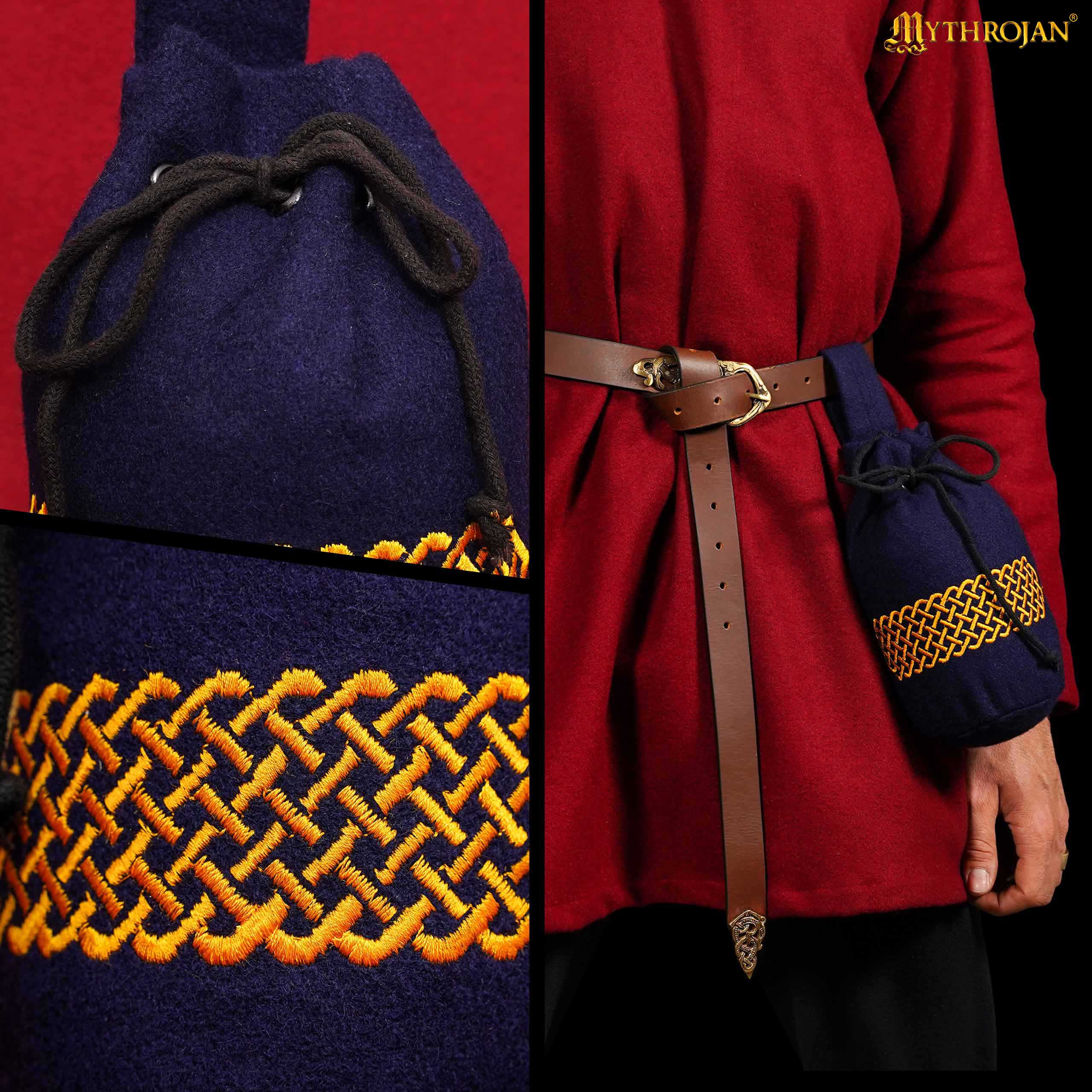 Imagen única de: Mythrojan Bolsa de Lana Bordada con Cordón para Cinturón: Medieval Vikingo Celta Bolsa Accesorios de Disfraces Monedero, 8" × 6.5