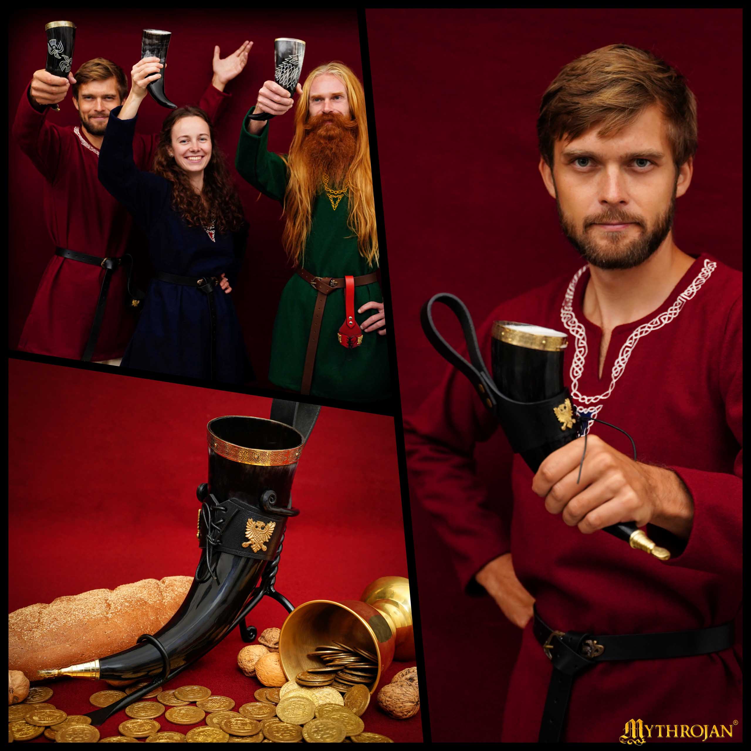 Imagen única de: Mythrojan The Bird Of Prey Viking Drinking Horn 350 Ml con Soporte de Cuero Negro Auténtica Jarra de Vino/cerveza Vikinga de Inspiración Medieval - Acabado Pulido