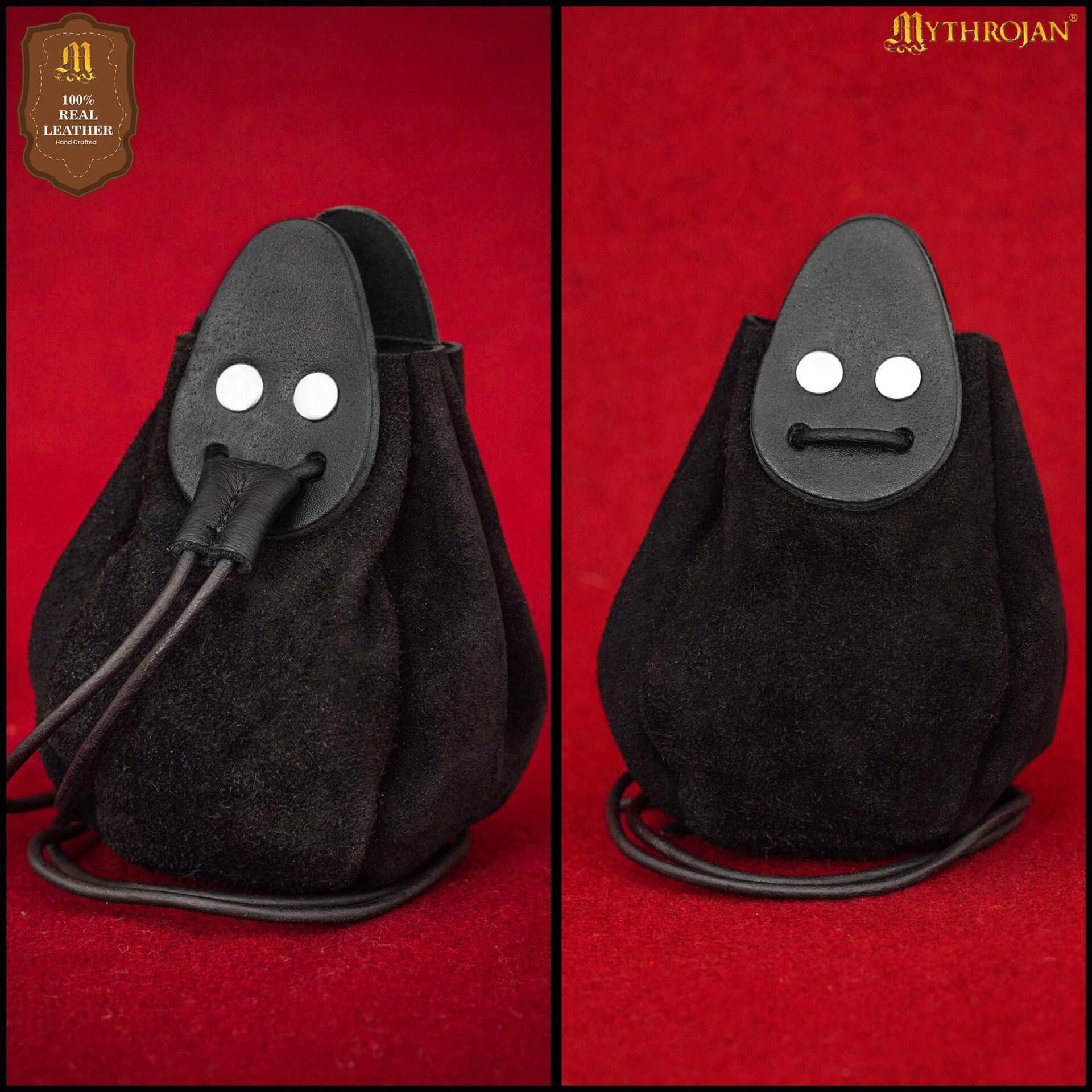 Imagen única de: Mythrojan "gold And Dice" Drawstring Pouch, Ideal For Sca Larp Reenactment & Ren Fair - Suede Leather Pouch, Black, 4
