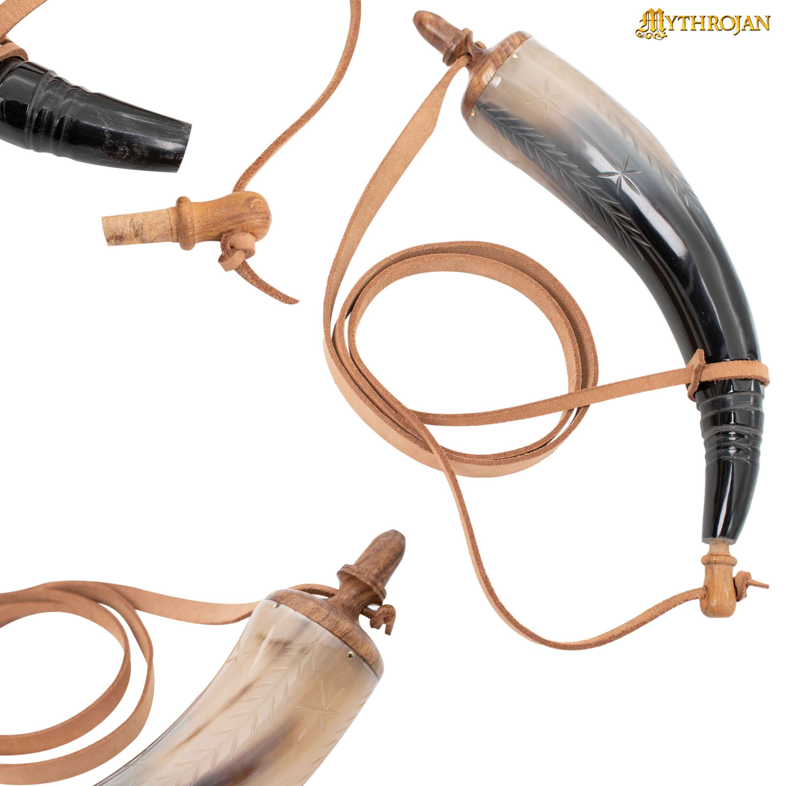 Imagen única de: Mythrojan Pólvora Tallada a Mano 14" Cuerno con Correa de Cuero Natural