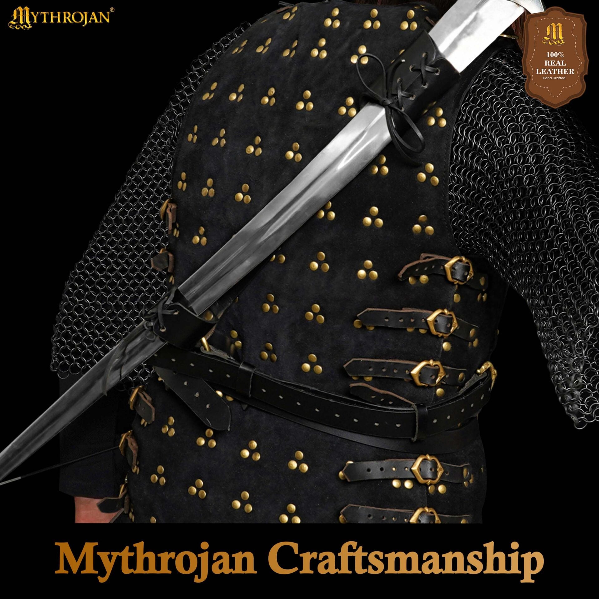 Imagen única de: Mythrojan Geralt Back Scabbard, Ideal para Larp Cosplay y Eventos Medievales Cuero de Grano Completo Negro