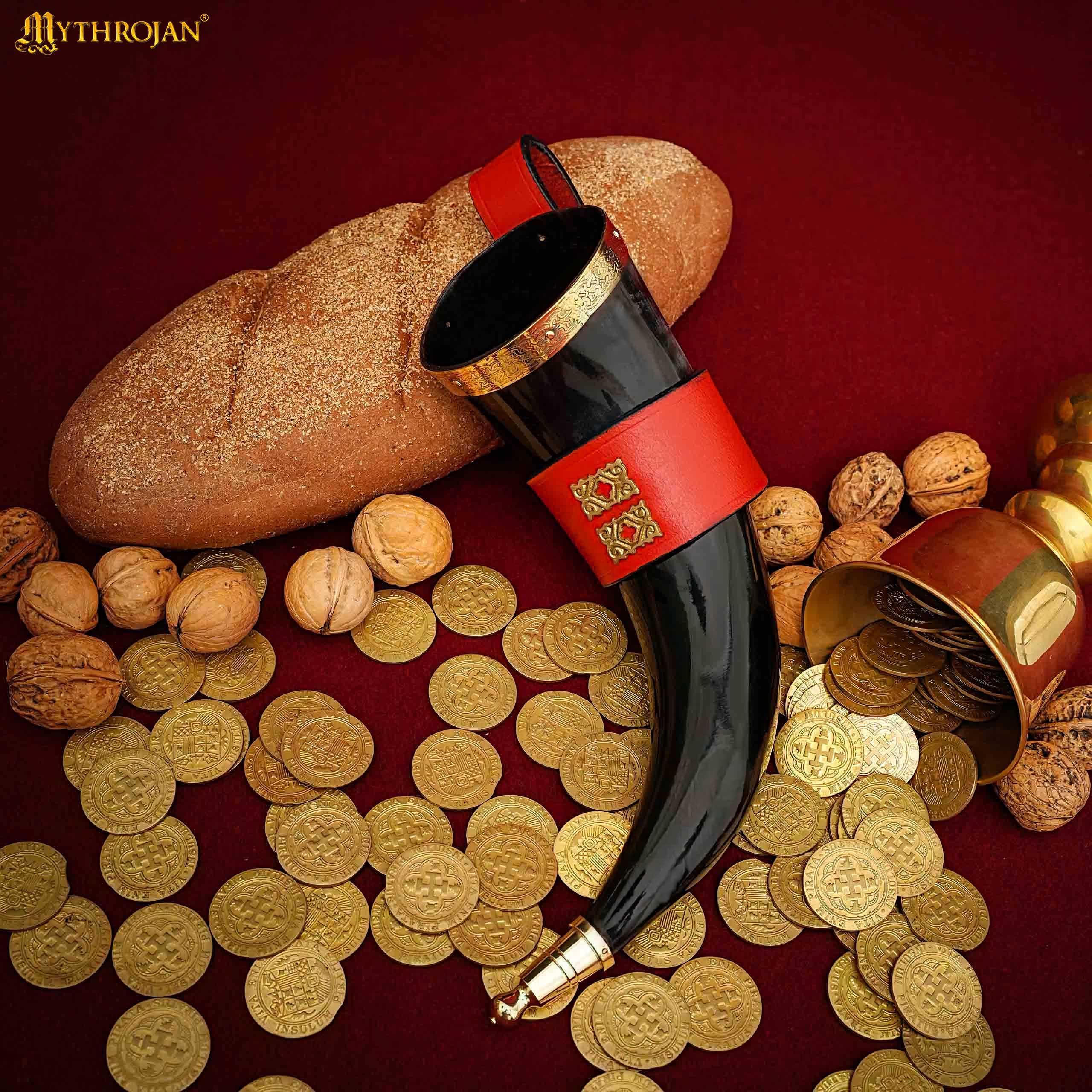 Imagen única de: Mythrojan The Wealthy Merchant - Viking Drinking Horn With Red Leather Holder Authentic Medieval Inspired Viking Wine/mead Mug - Polished Finish - 350 Ml