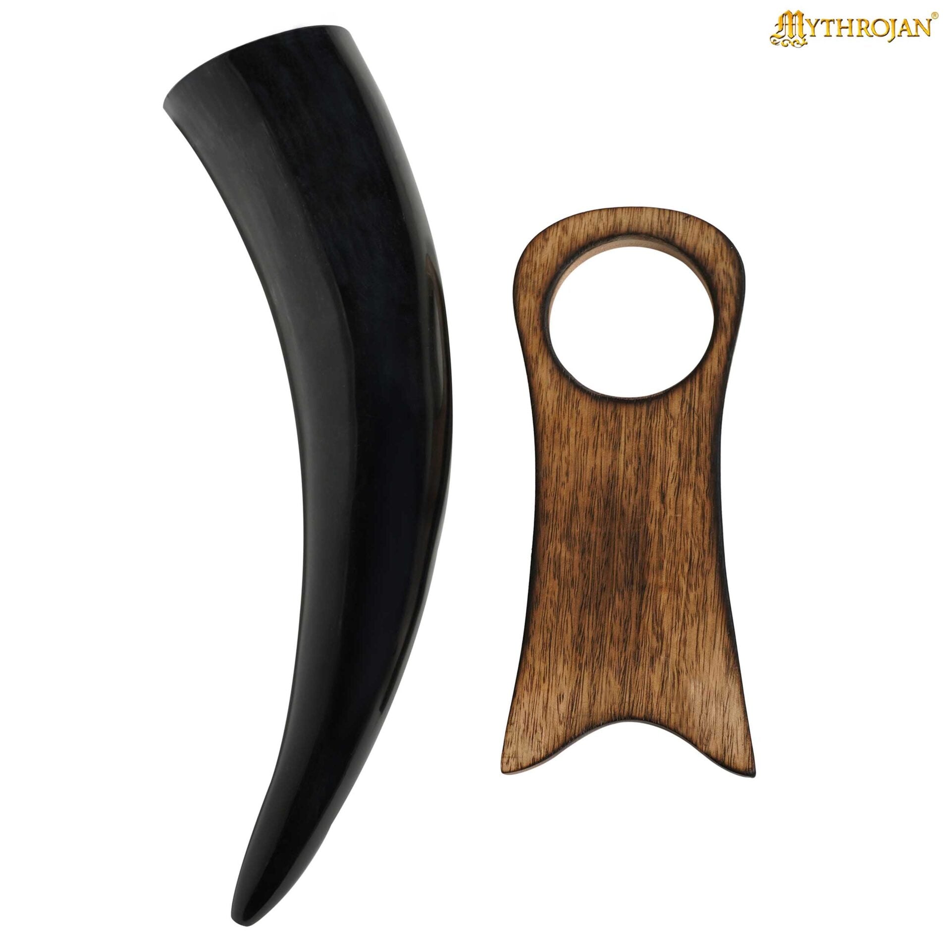 Imagen única de: Mythrojan Estante de Cuerno para Beber de Madera Maciza | Acabado Natural Soporte Vikingo para Aguamiel | Soporte Medieval para Cuerno