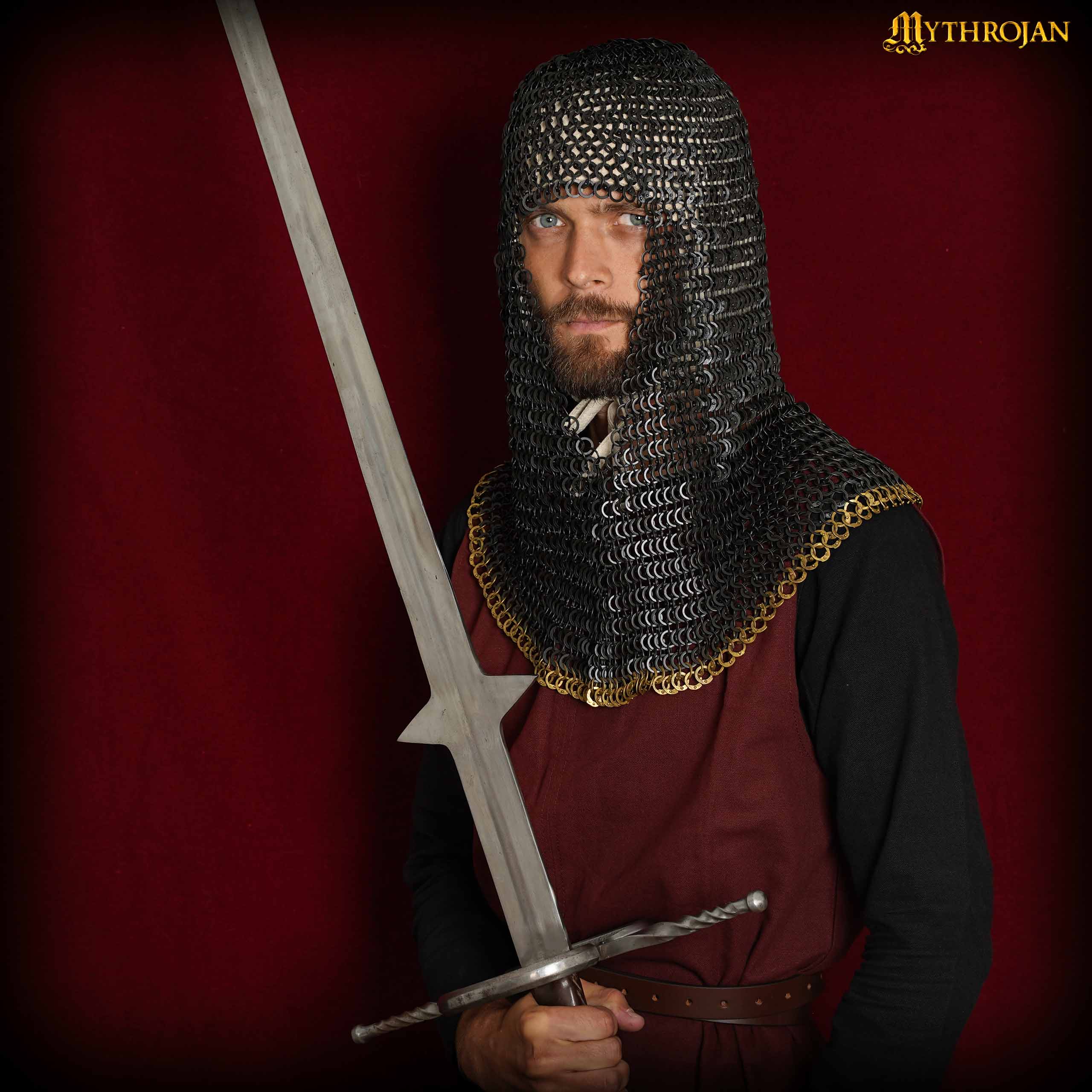 Imagen única de: Cofia de Cota de Malla - Anillo Plano Redondo Remachado con Bordes de Latón - Ideal para Larp, Cosplay y Disfraces de Cine