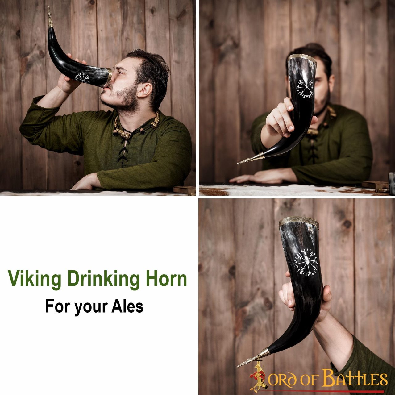 Cuerno Vikingo para Beber con Runa Vegvísir Grabada - Borde y Punta de Latón - Imagen 10