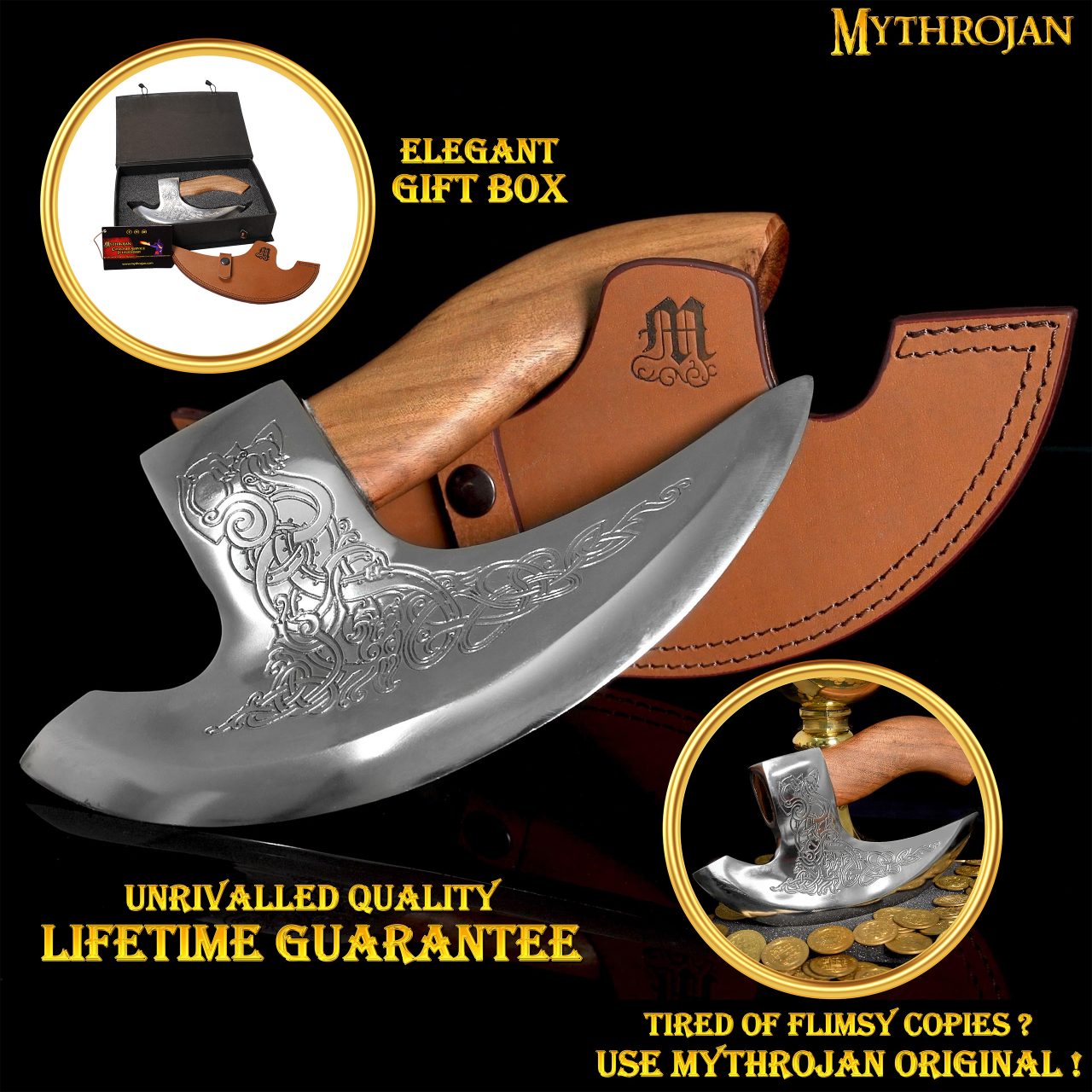 Imagen única de: Mythrojan Hacha Vikinga para Pizza - Cortador de Pizza de Acero Inoxidable Forjado a Mano con Mango de Acacia Maciza y Funda de Cuero - Grabado Celta - Caja de Regalo