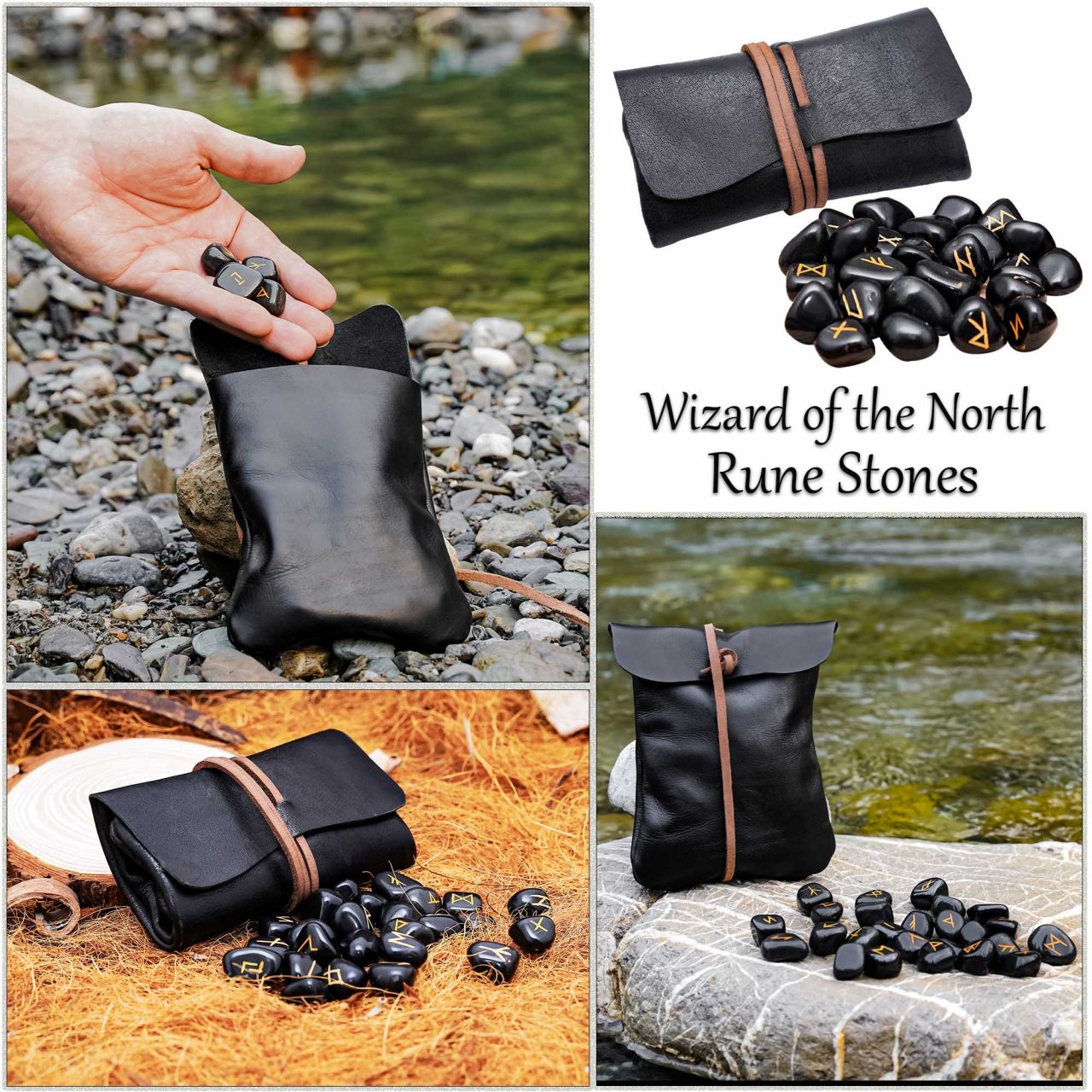 Imagen única de: Juego de Piedras Rúnicas Vikingas con Estuche de Cuero Negro - Adivinación y Estrategia Nórdica