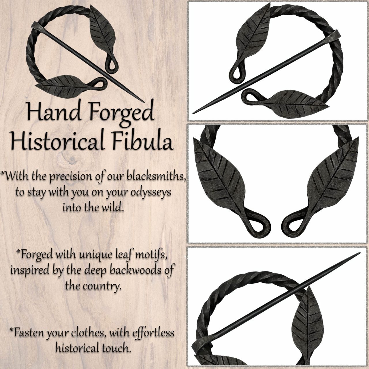 Imagen única de: Alfiler de Capa Medieval de Hierro Forjado a Mano con Motivo de Hojas - Broche de Fíbula Estilo Vikingo