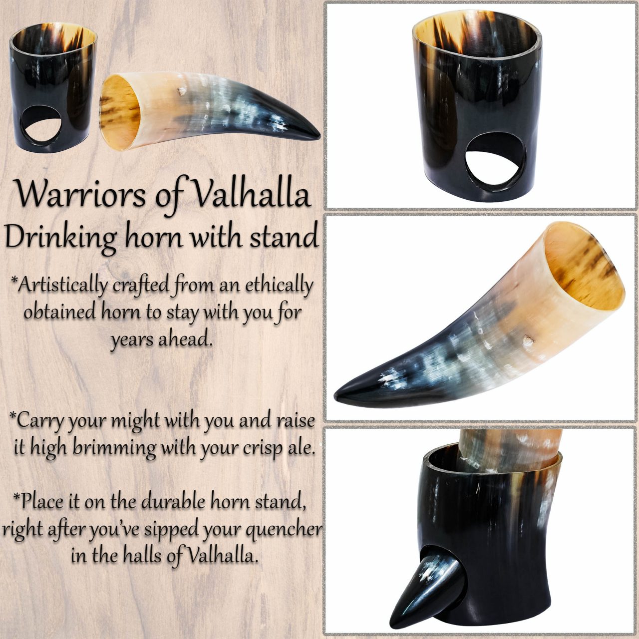 Imagen única de: Vikingo Cuerno de Buey Pulido para Beber con Soporte