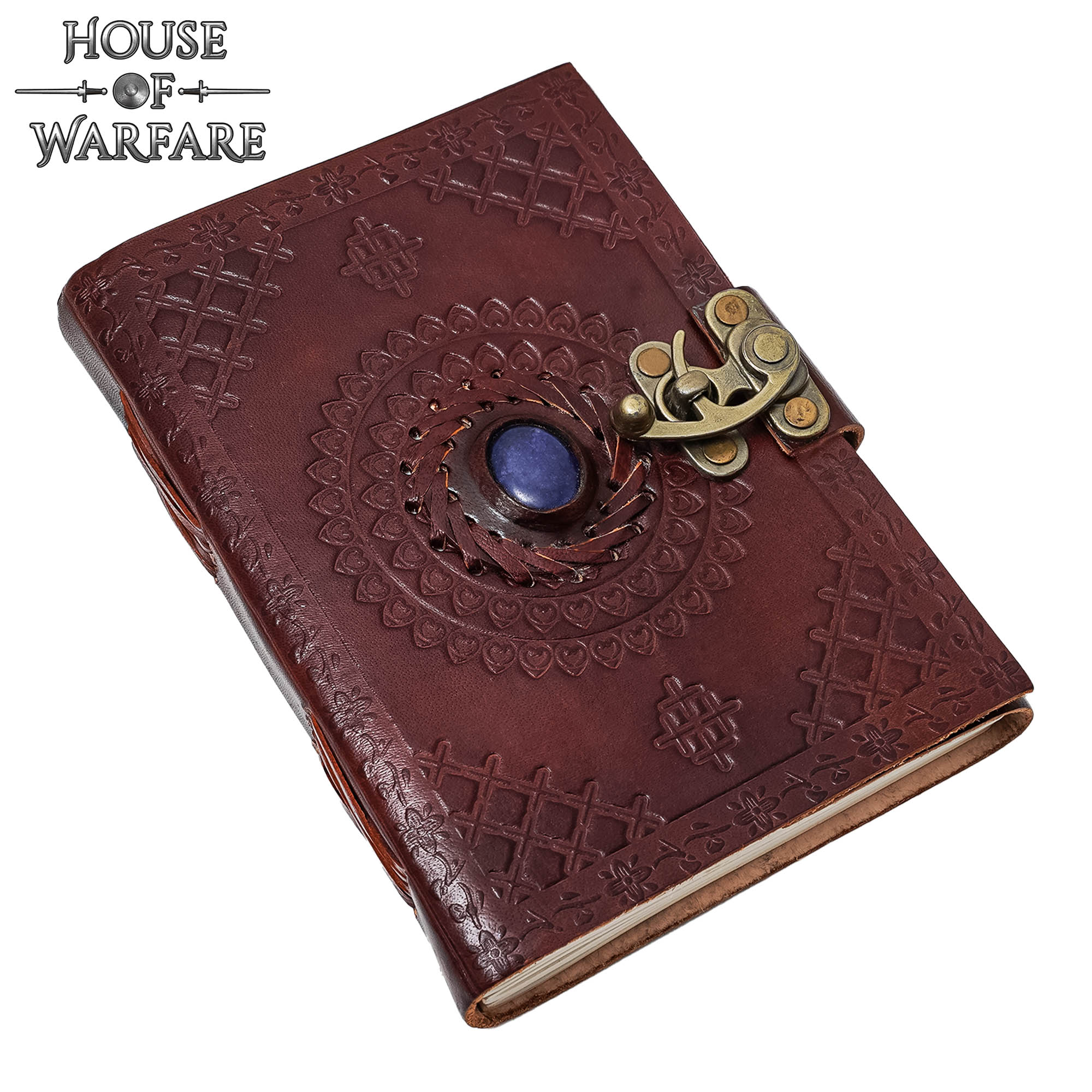 Imagen única de: Diario Medieval de Cuero Grabado con Piedra Azul - Diario Artesanal con Cerradura de Latón