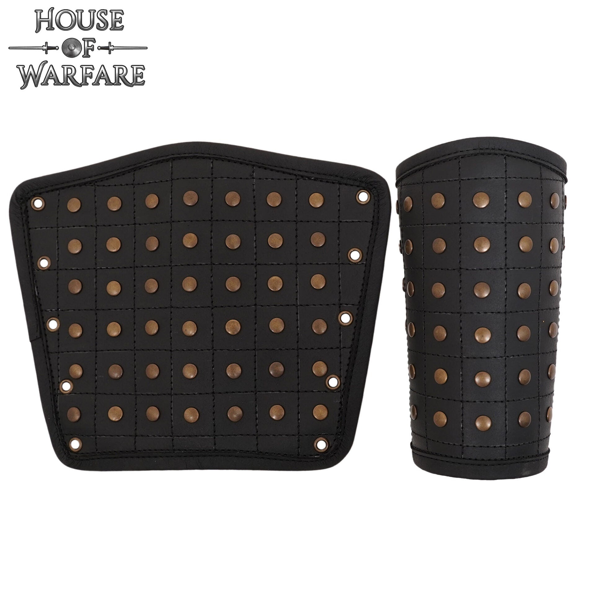 Imagen única de: Brazales Medievales de Cuero con Remaches de Latón con Cordón de Cuero - Guardabrazos para Larp, Sca y Disfraces de Fantasía