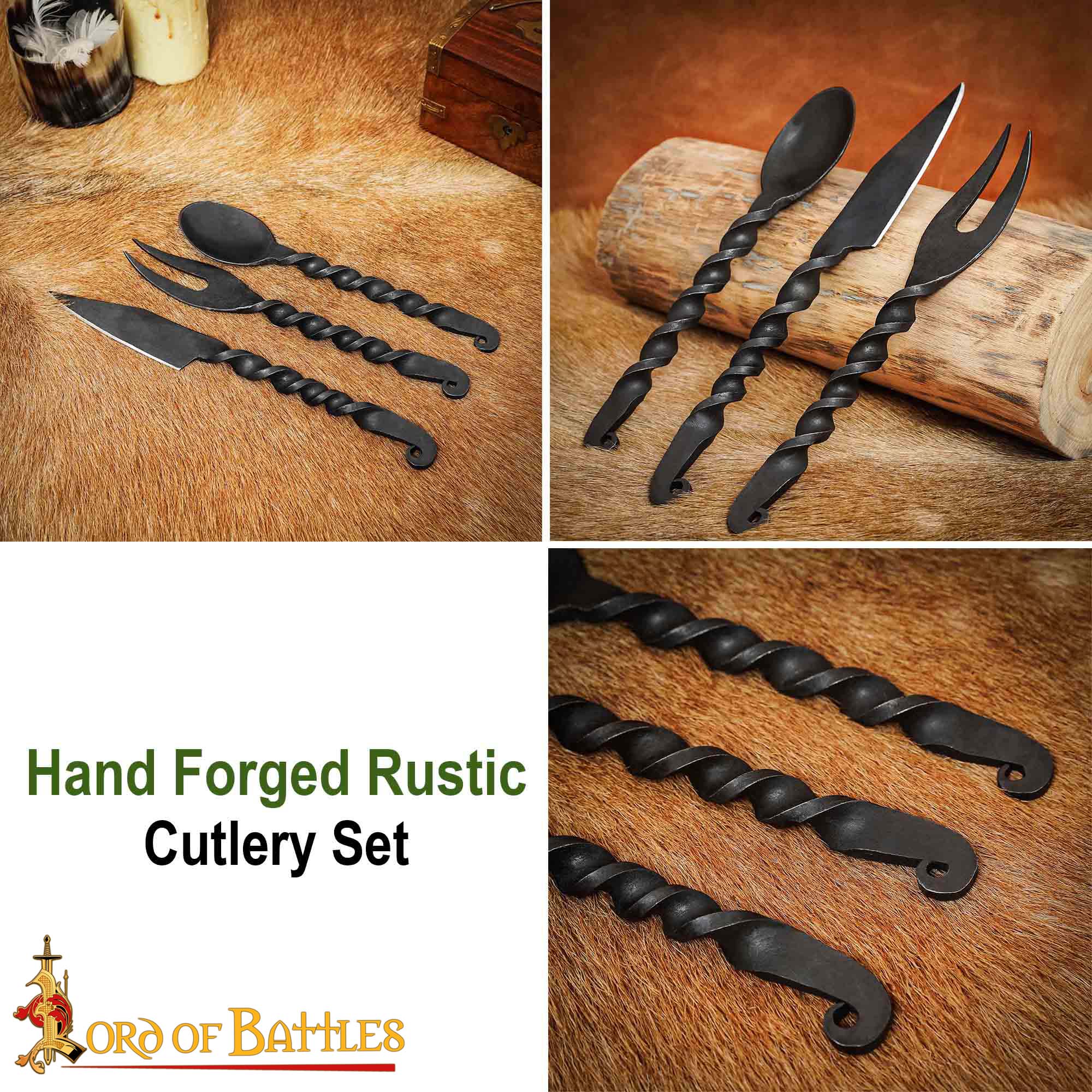 Imagen única de: Juego de Cubiertos Medievales Forjados a Mano Cuchara, Tenedor y Cuchillo