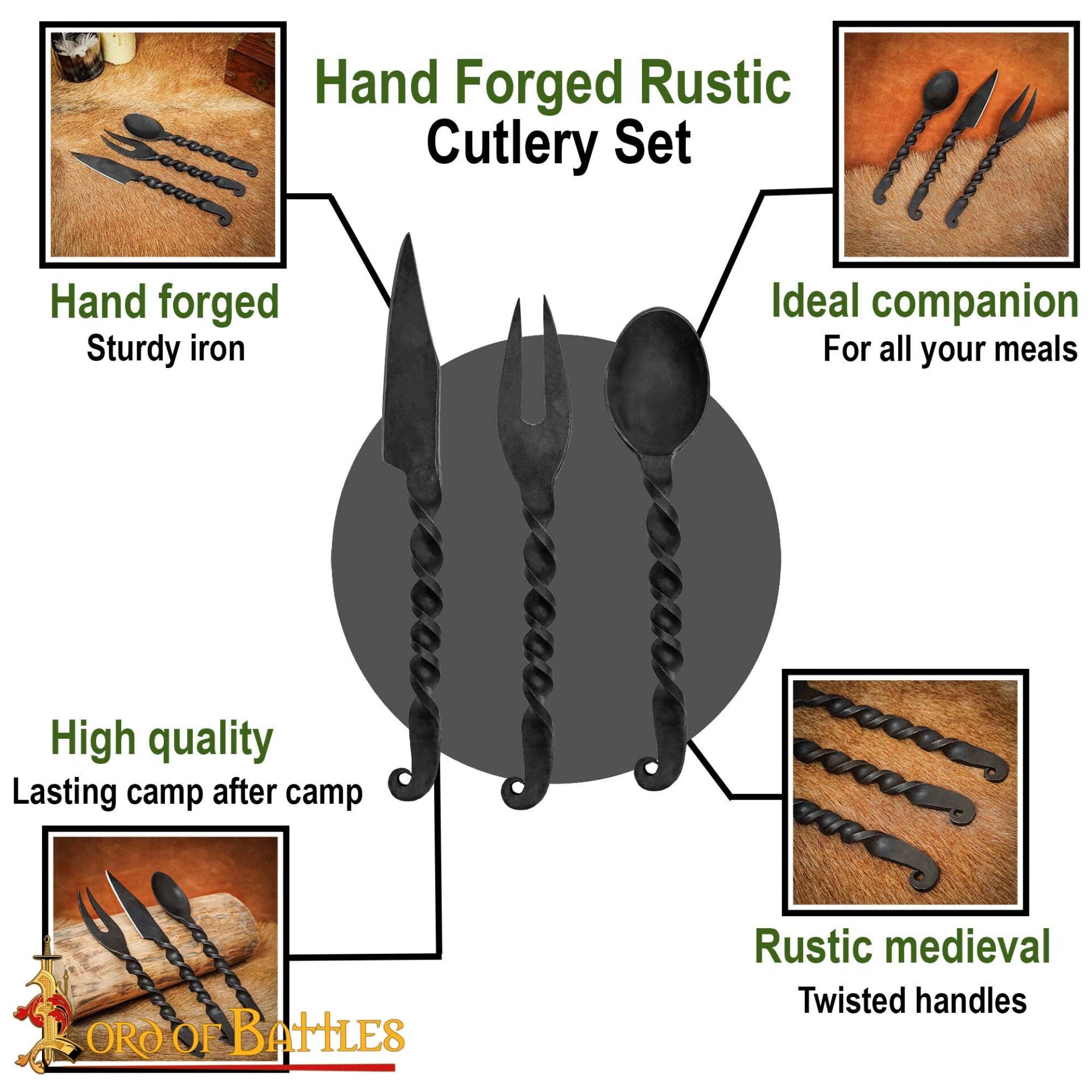 Imagen única de: Juego de Cubiertos Medievales Forjados a Mano Cuchara, Tenedor y Cuchillo