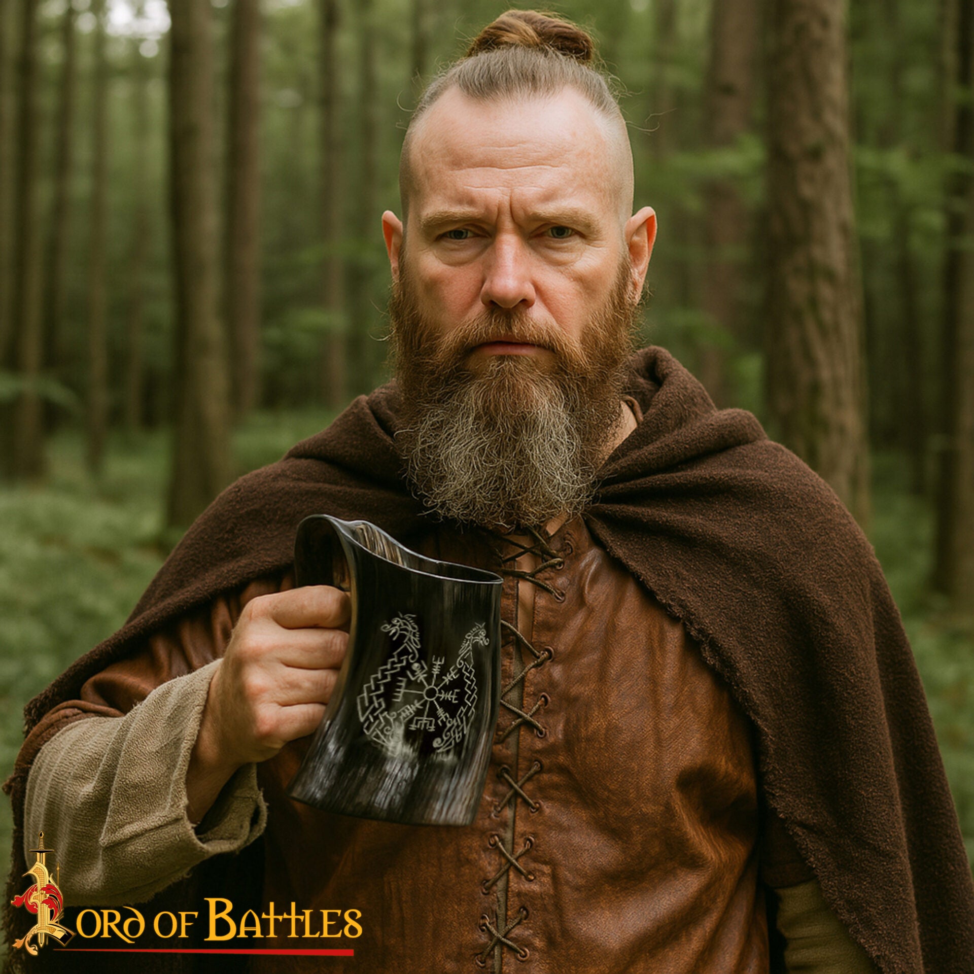 Taza de Cuerno Vikingo con Vegvisir y Grabado de Caballo Gemelo Taza de Cuerno de Buey Natural Pulido, Jarra para Hidromiel y Cerveza - Imagen 2