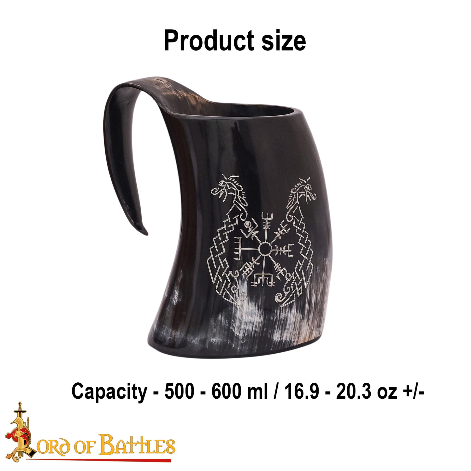 Taza de Cuerno Vikingo con Vegvisir y Grabado de Caballo Gemelo Taza de Cuerno de Buey Natural Pulido, Jarra para Hidromiel y Cerveza - Imagen 3