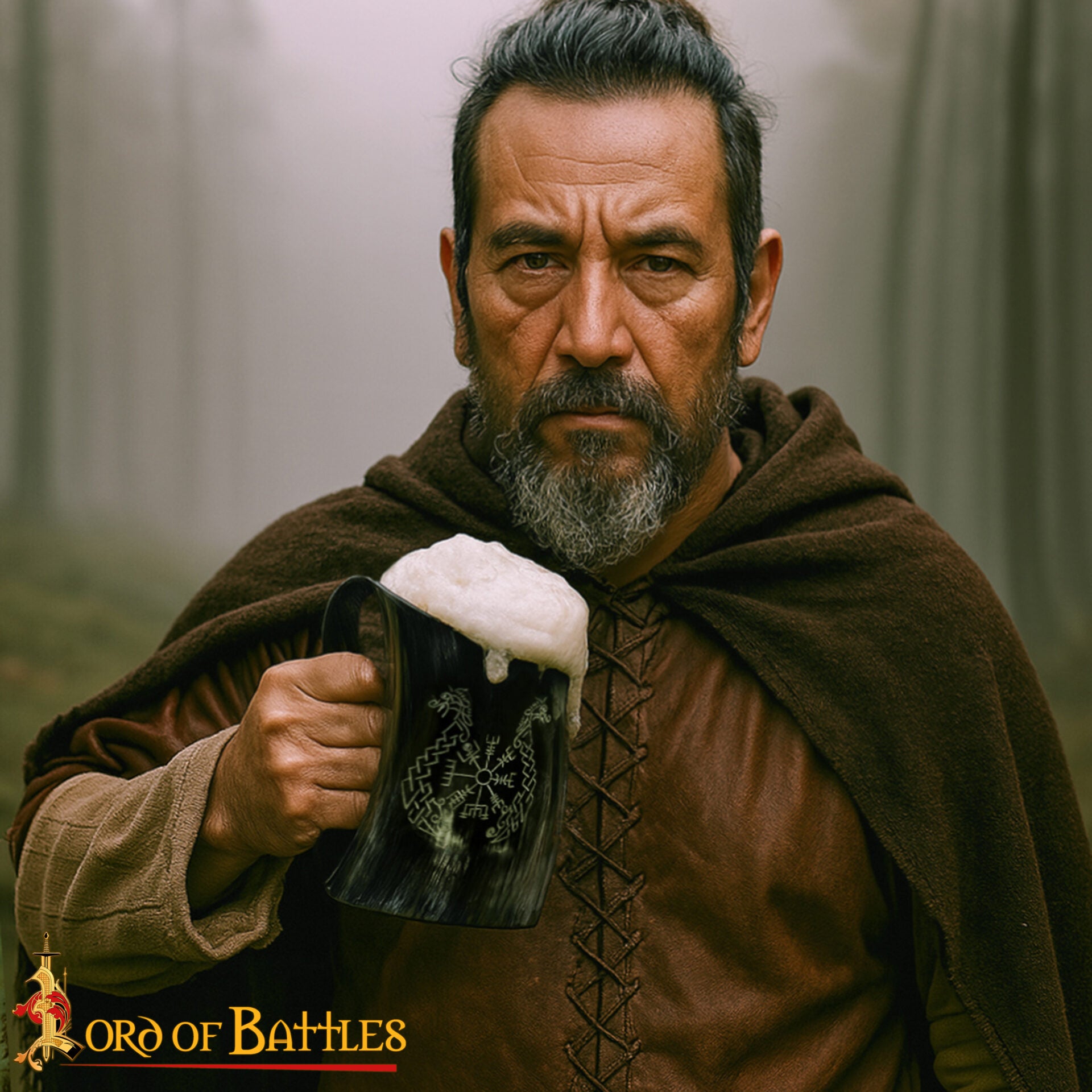 Taza de Cuerno Vikingo con Vegvisir y Grabado de Caballo Gemelo Taza de Cuerno de Buey Natural Pulido, Jarra para Hidromiel y Cerveza - Imagen 6