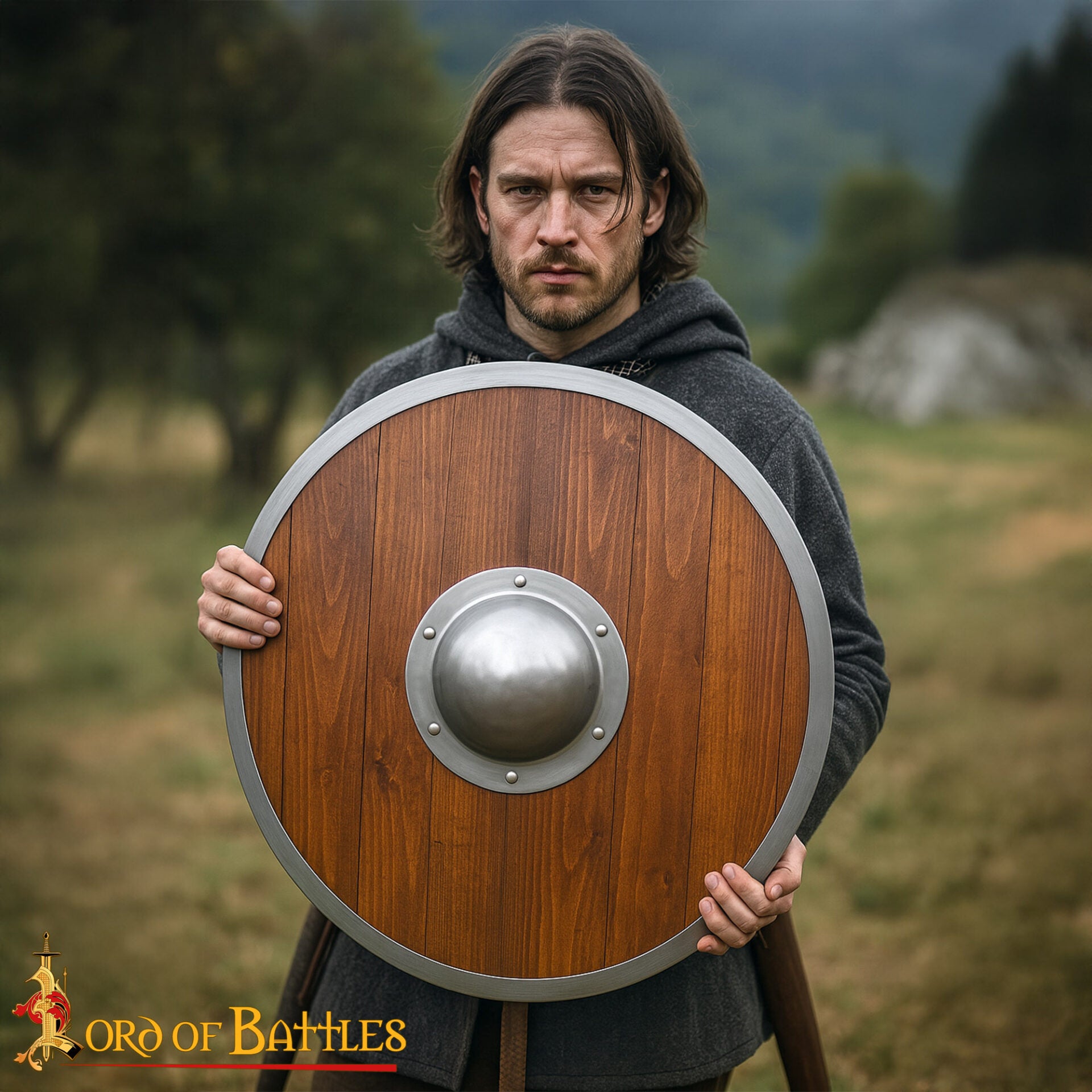 Imagen única de: Escudo de Acero Pulido Medio Jefe Umbo - 14 Calibre Centro de Cúpula Hecha a Mano con Remaches