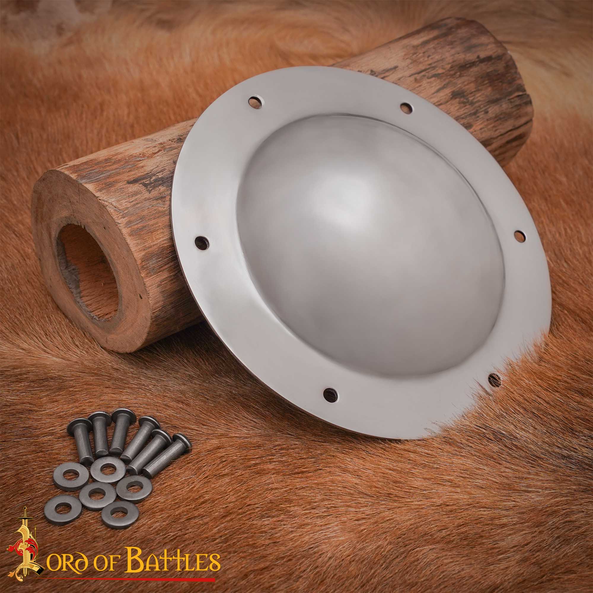 Imagen única de: Escudo de Acero Pulido Medio Jefe Umbo - 14 Calibre Centro de Cúpula Hecha a Mano con Remaches