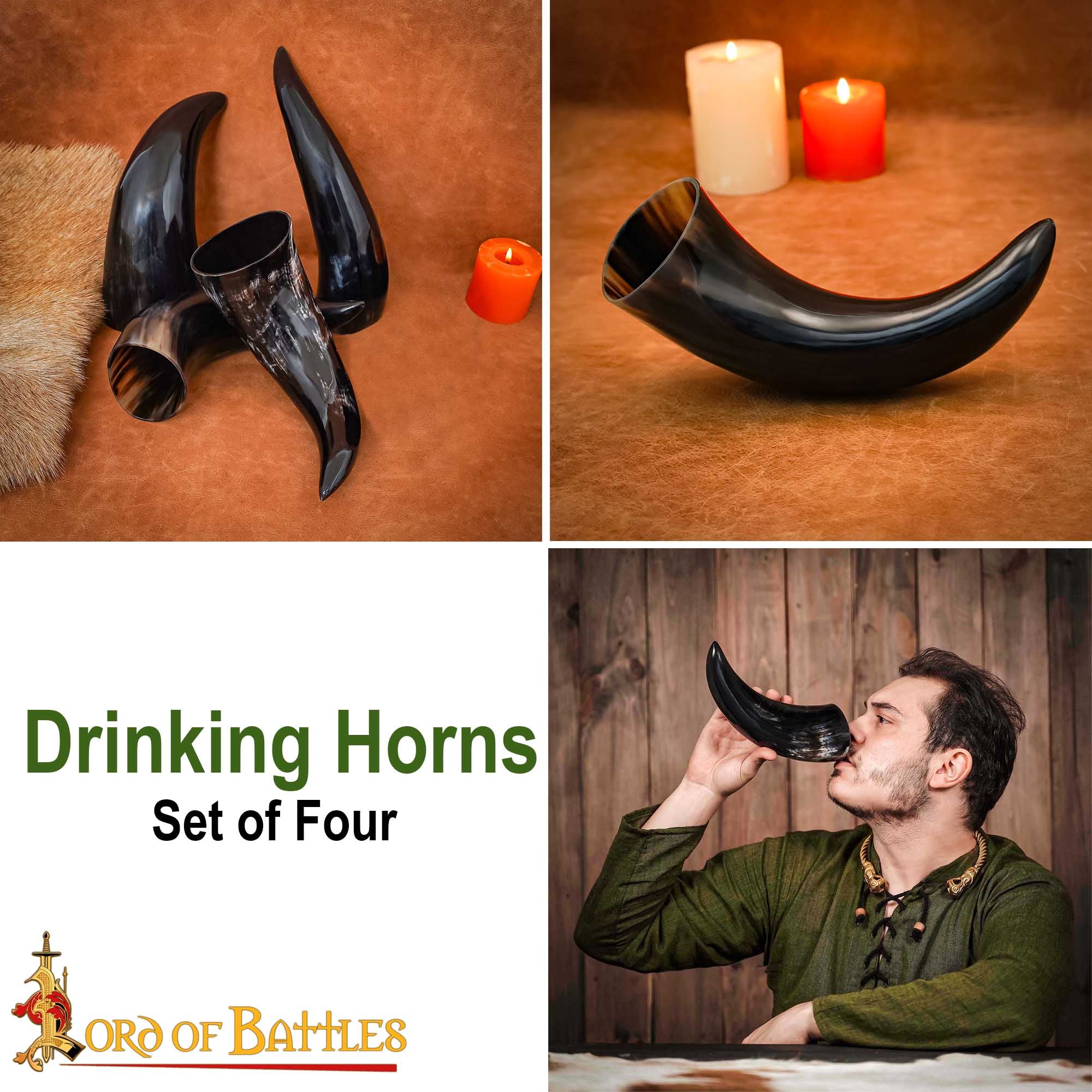 Imagen única de: Viking Drinking Ox Horn Juego de 4 - Jarras de Cuerno Pulido de 400 Ml con Bolsa de Almacenamiento de Lona