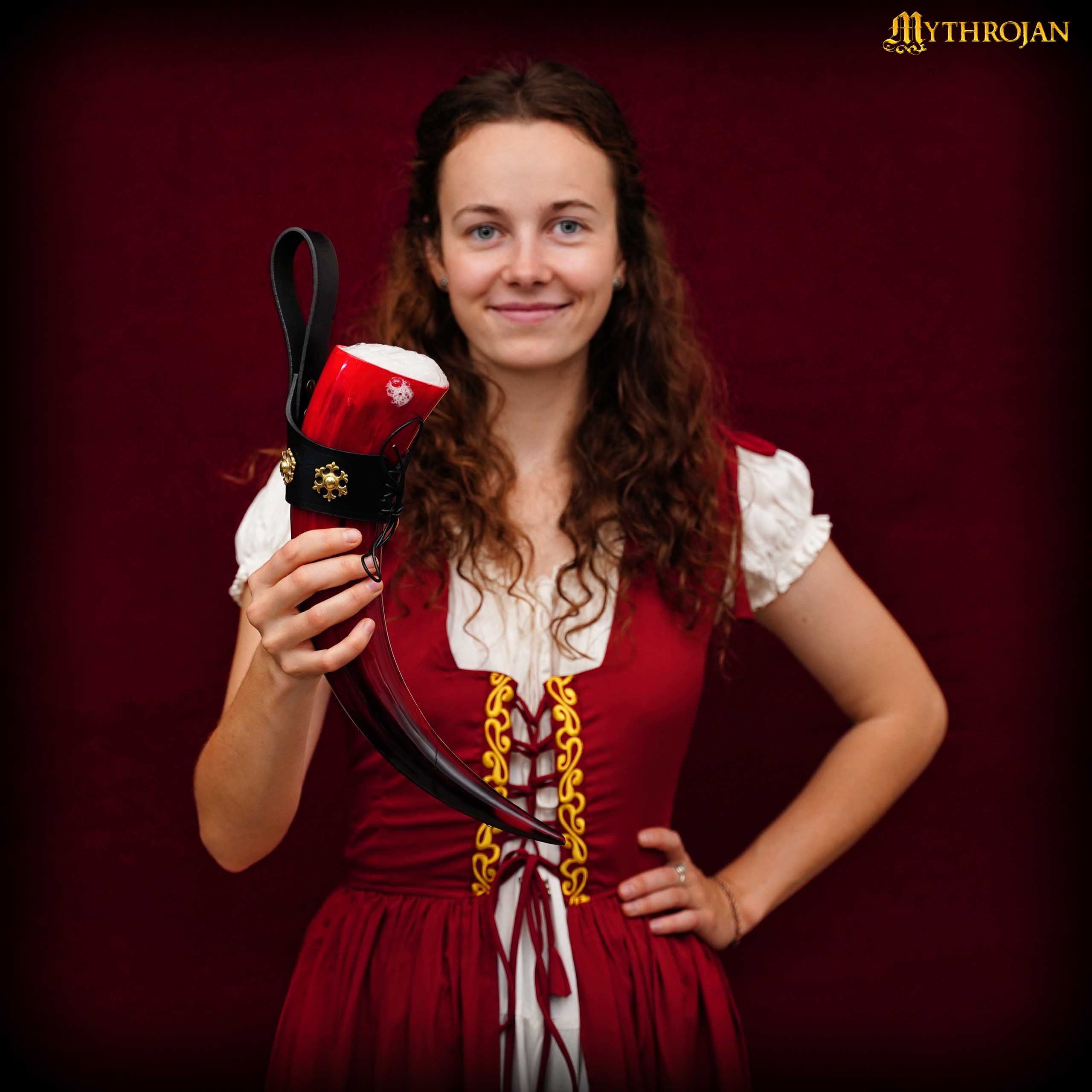 Imagen única de: Taza Medieval – Cuerno Vikingo 400 ml Pulido con Soporte de Cuero Negro Rojo